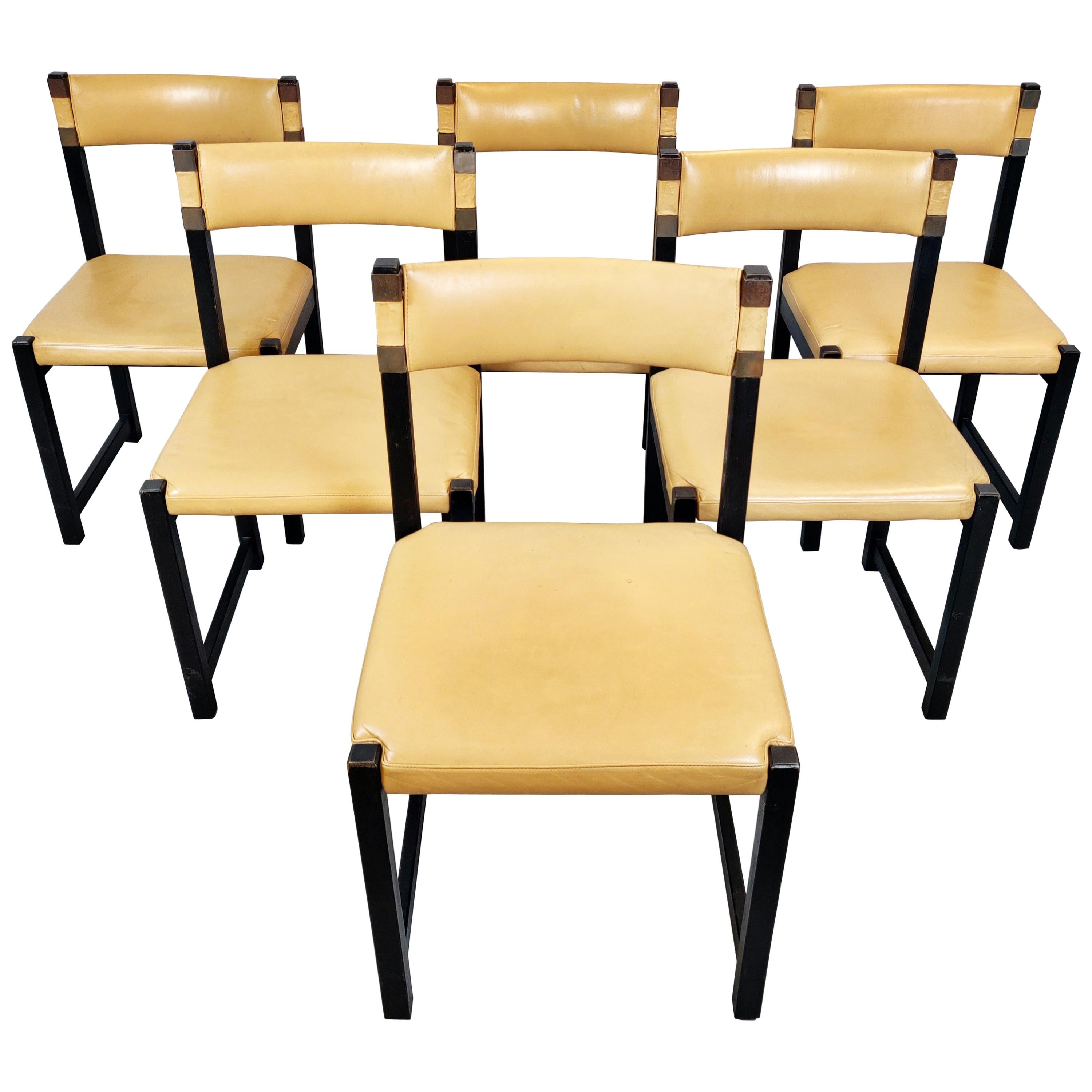 Set of Six Chairs, Wood and Leather, circa 1970