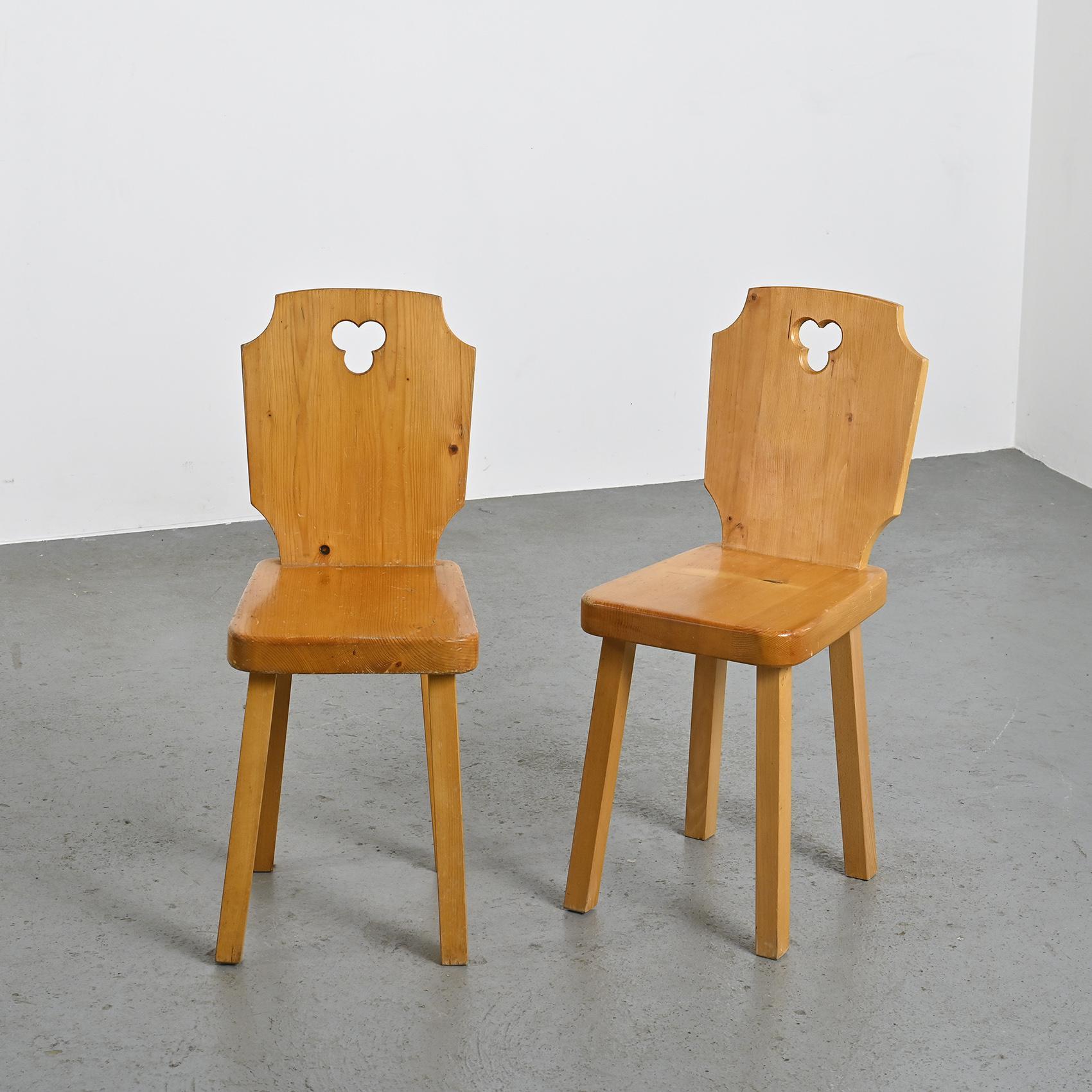 Pine Set of Six Chalet Wooden Chairs, France, 1960