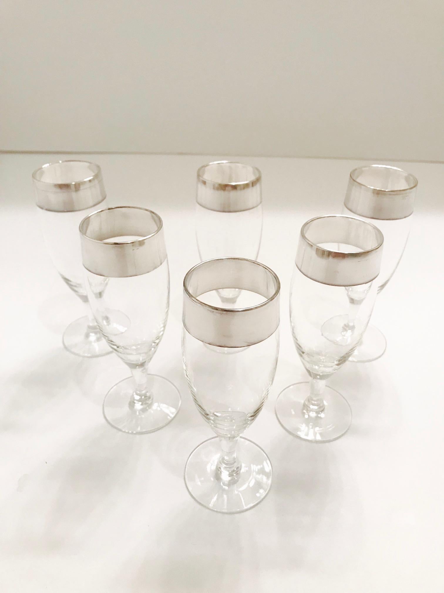 American Set of Six Champagne Flutes with Sterling Silver Overlay by Dorothy Thorpe, 1950