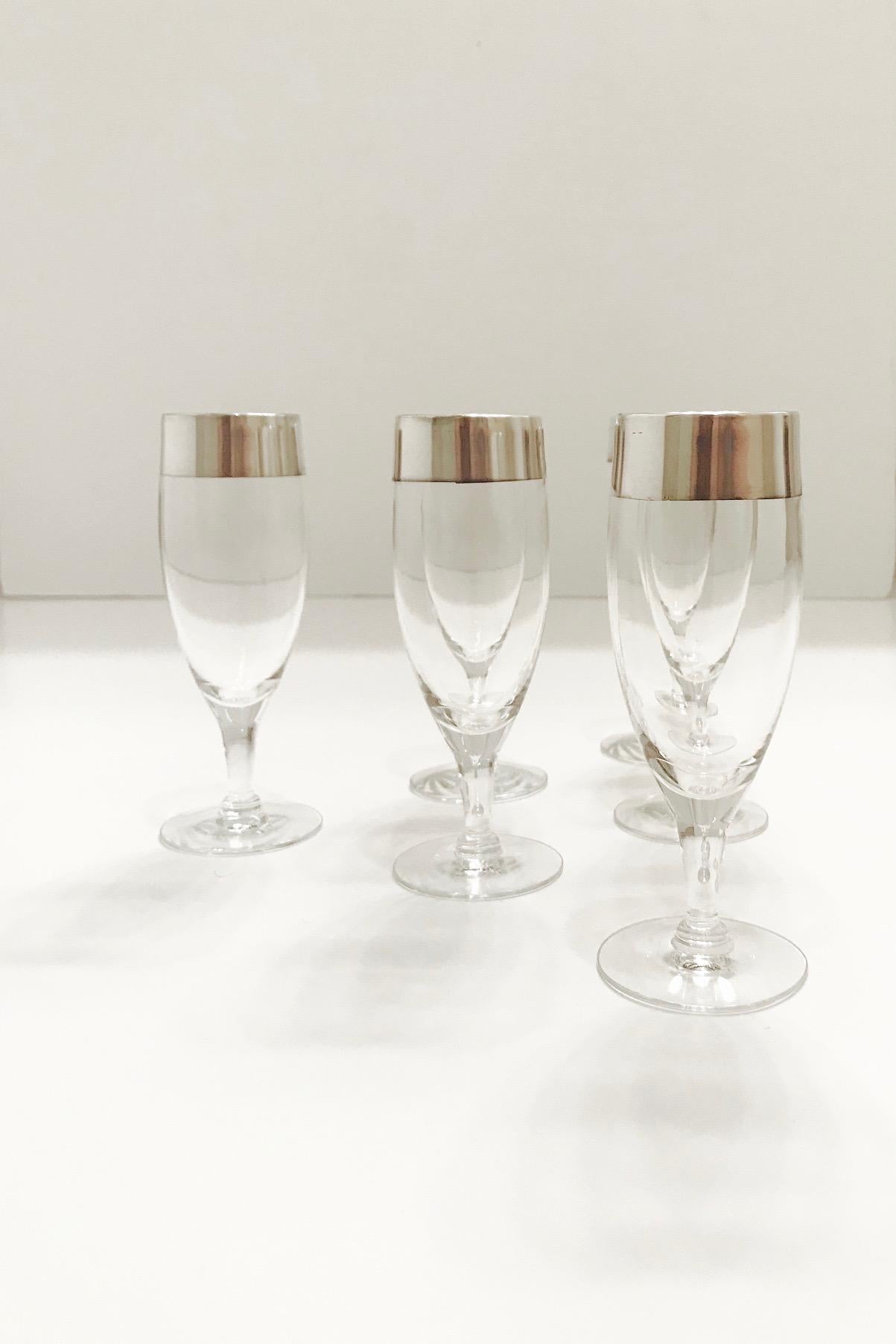 Mid-20th Century Set of Six Champagne Flutes with Sterling Silver Overlay by Dorothy Thorpe, 1950