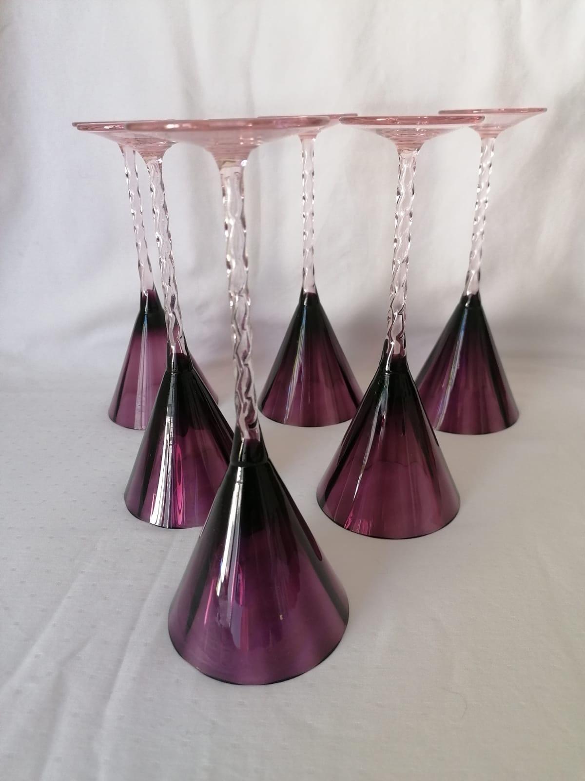 Mid-Century Modern Set of Six Champagne Glasses Hand Blown Art Glass For Sale