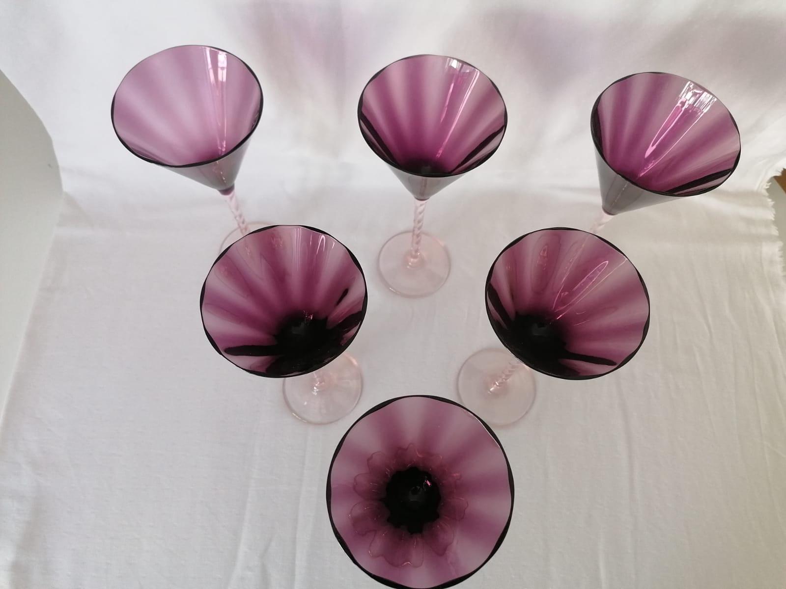 Czech Set of Six Champagne Glasses Hand Blown Art Glass For Sale