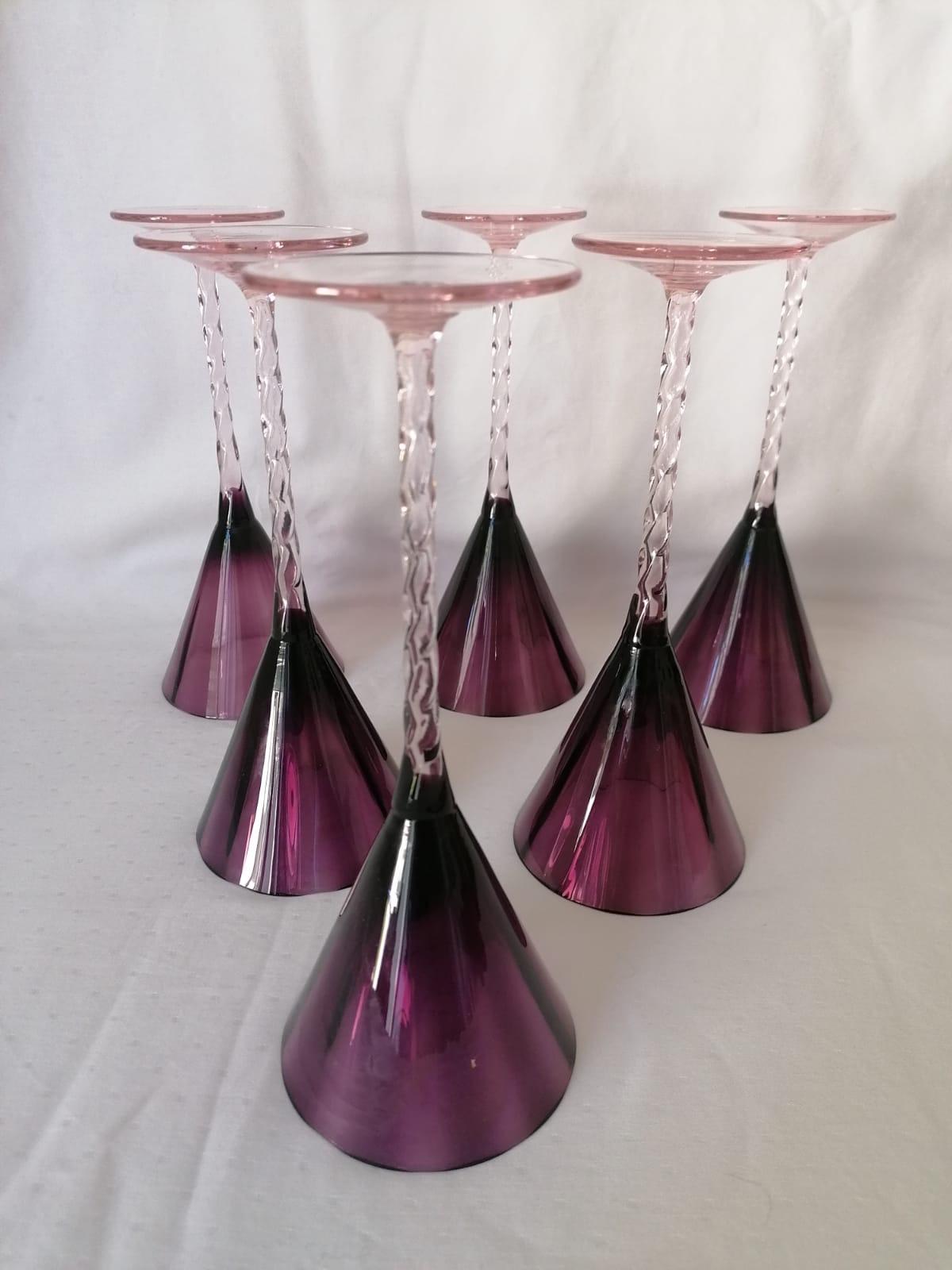 Late 20th Century Set of Six Champagne Glasses Hand Blown Art Glass For Sale