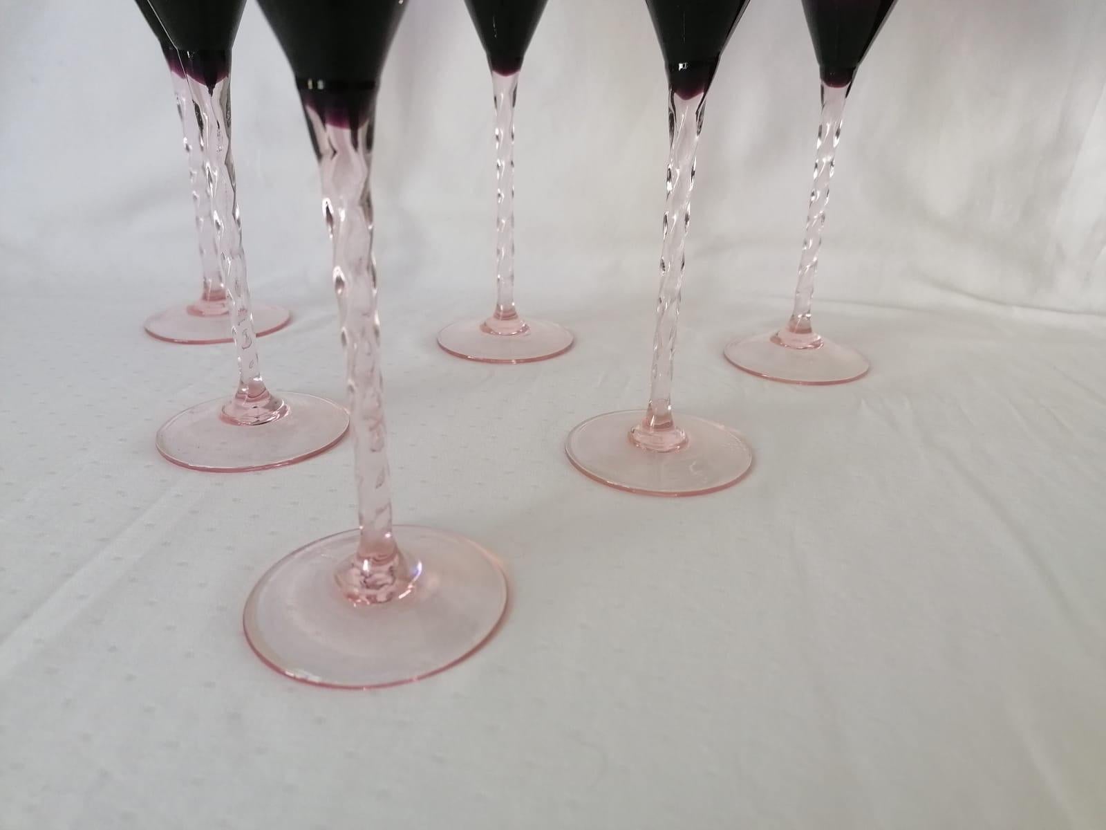 Set of Six Champagne Glasses Hand Blown Art Glass For Sale 1