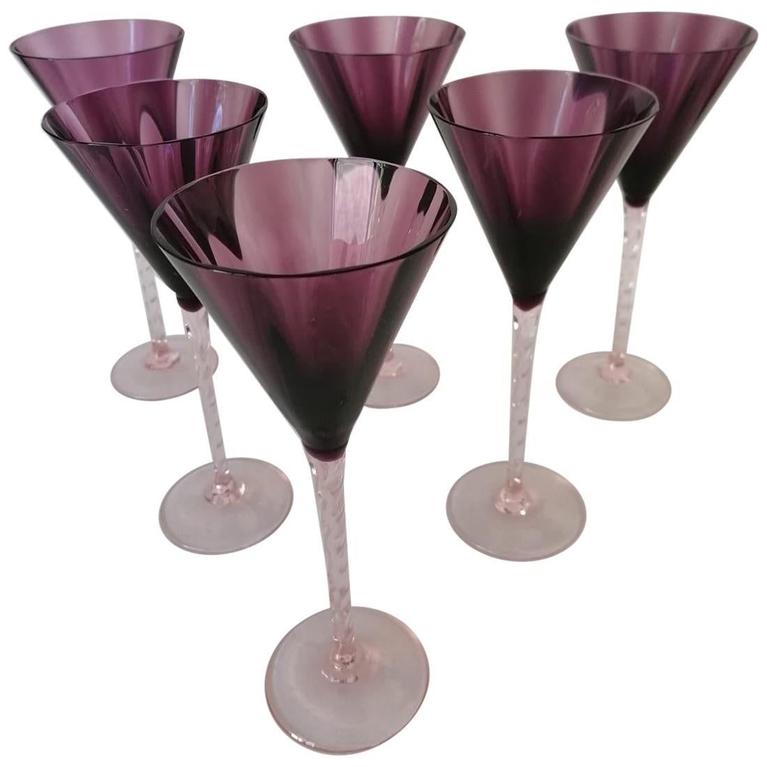 Set of Six Champagne Glasses Hand Blown Art Glass For Sale
