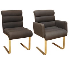 Set of Six Channel Upholstered Brass Dining Chairs