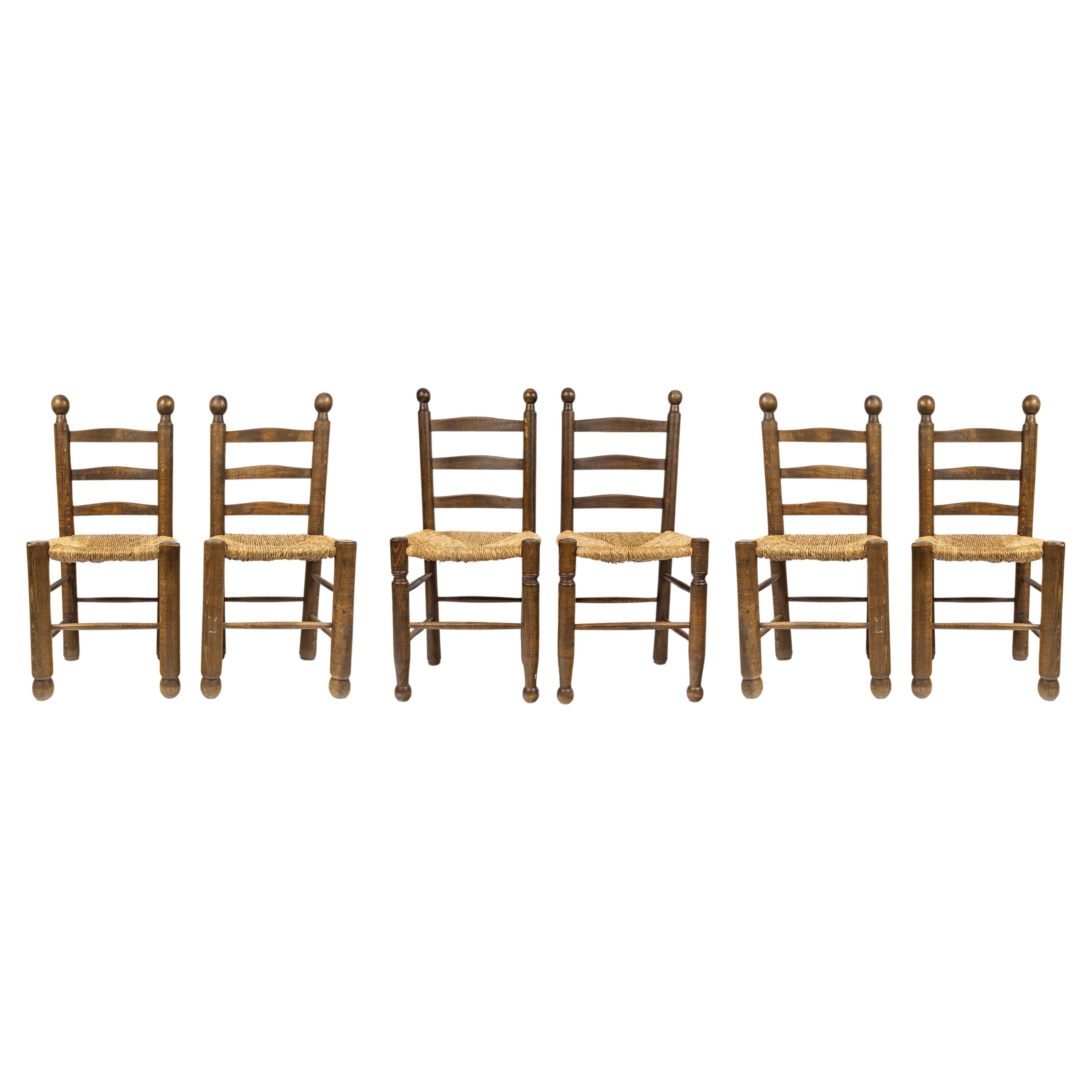 Set of Six Charles Dudouyt Dining Chairs in Wood and Cane, 20th Century. For Sale