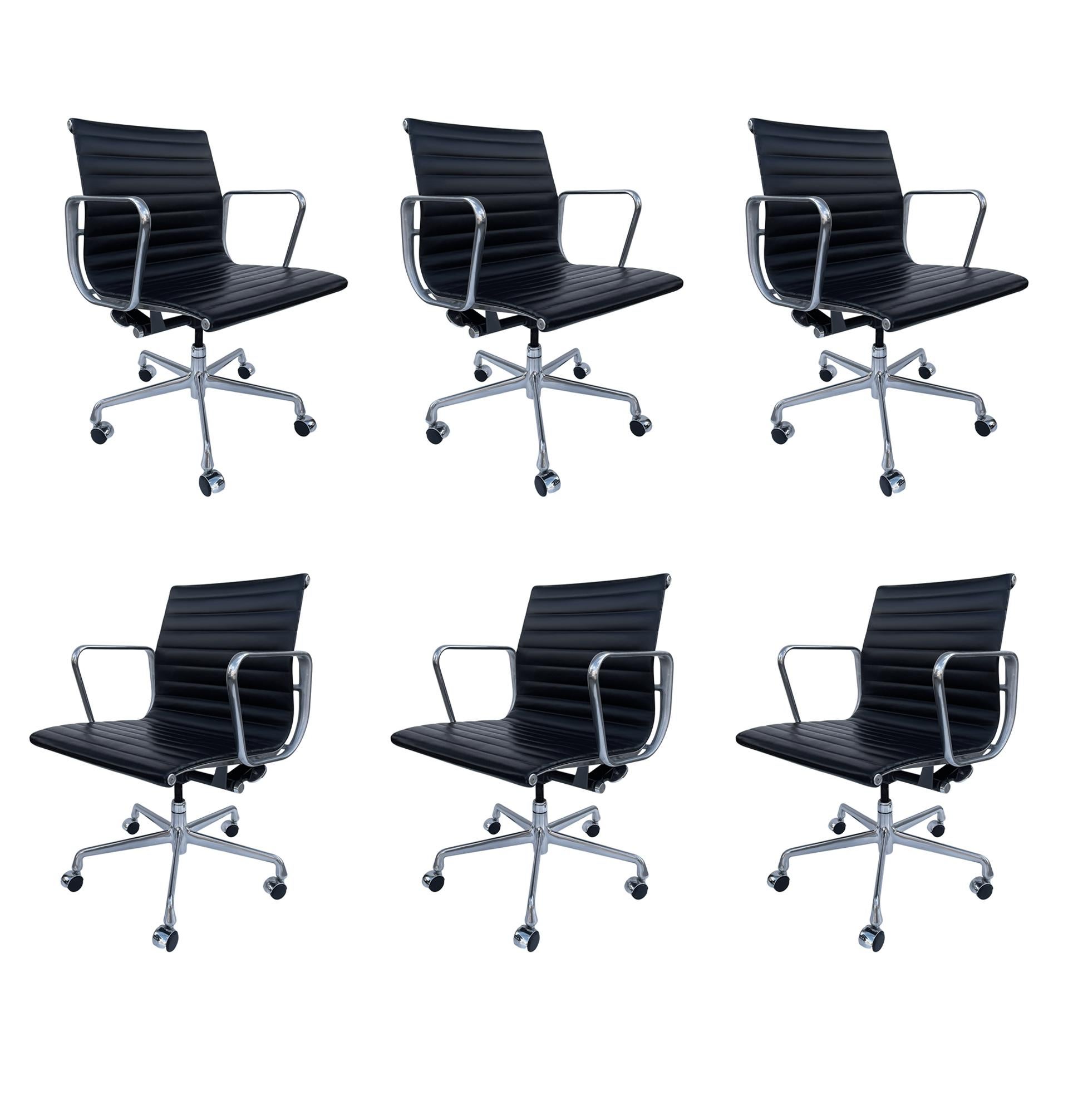 American Set of Six Charles Eames for Herman Miller Aluminum Group Office Chairs in Black