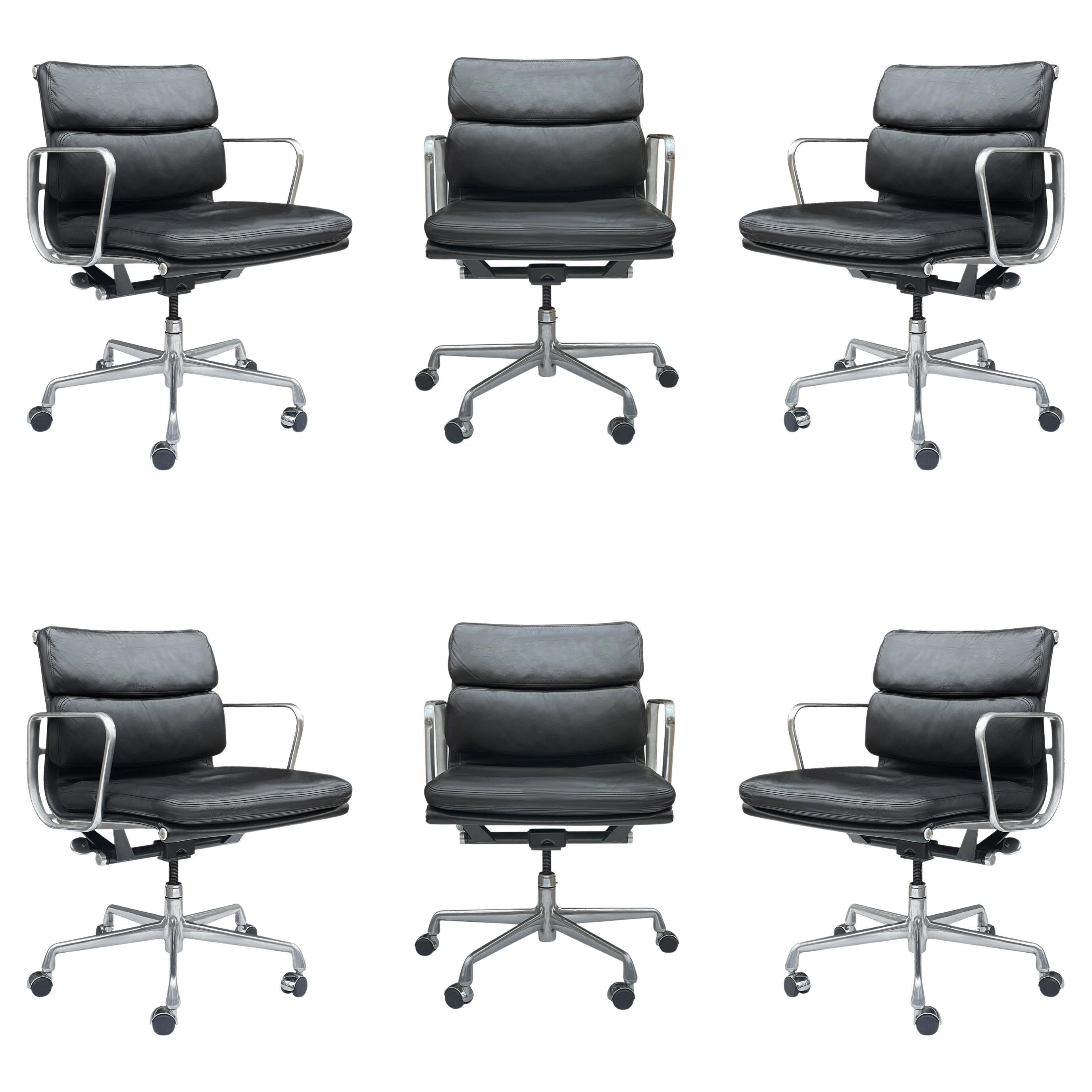 Set of Six Charles Eames for Herman Miller Black Leather Soft Pad Office Chairs