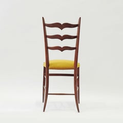Set of Six Chiavari Dining Chairs in Wood and Yellow Velvet Seat, Italy, 1950s