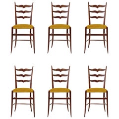 Set of Six Chiavari Dining Chairs in Wood and Yellow Velvet Seat, Italy, 1950s
