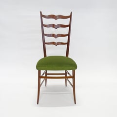 Set of Six Chiavarine Dining Chairs in Wood and Green Velvet Seat, Italy, 1950s
