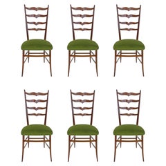 Set of Six Chiavarine Dining Chairs in Wood and Green Velvet Seat, Italy, 1950s