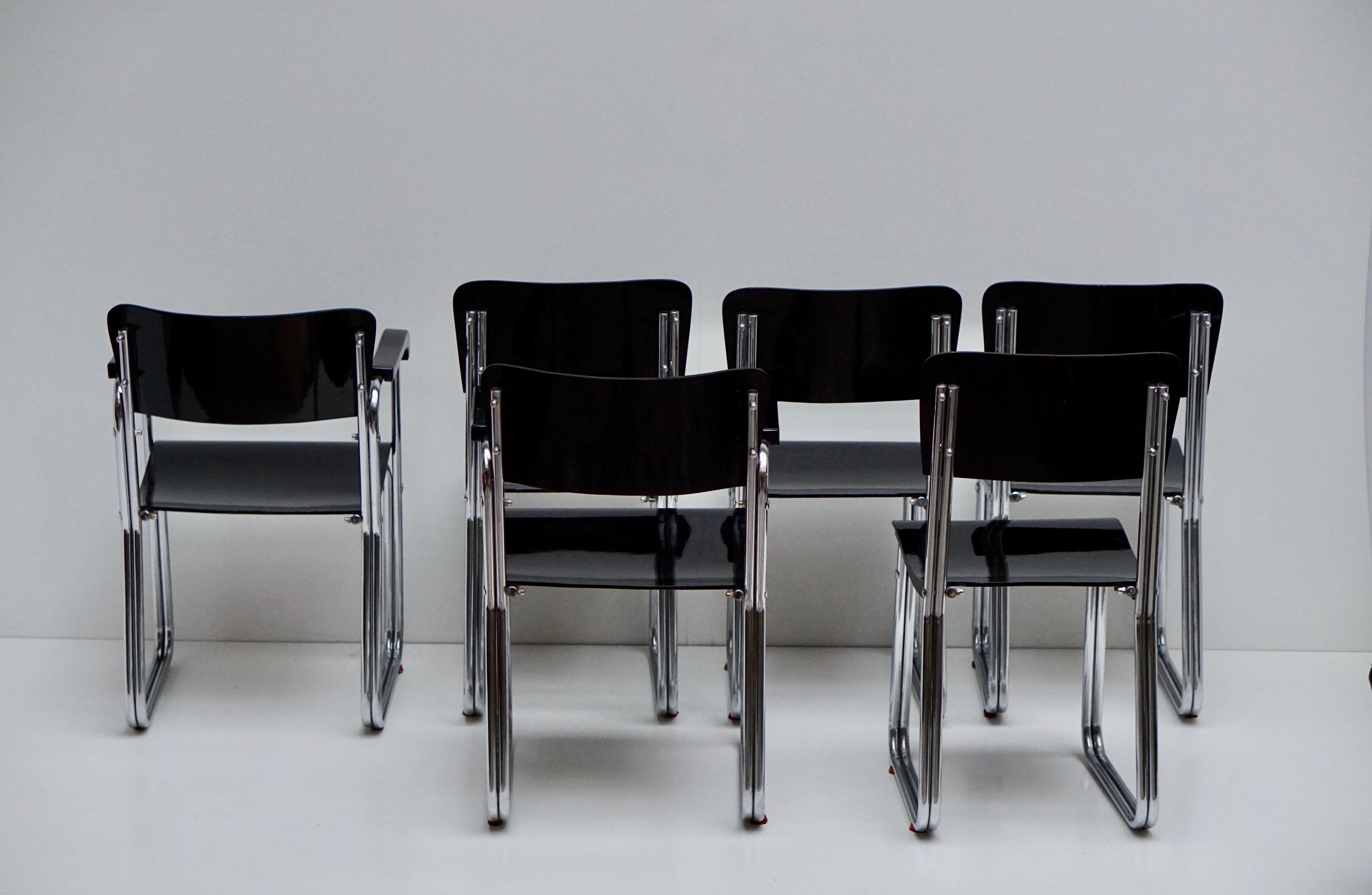 Set of Six Chic Ebonized Modernist Chroom Bauhaus Chairs For Sale 7