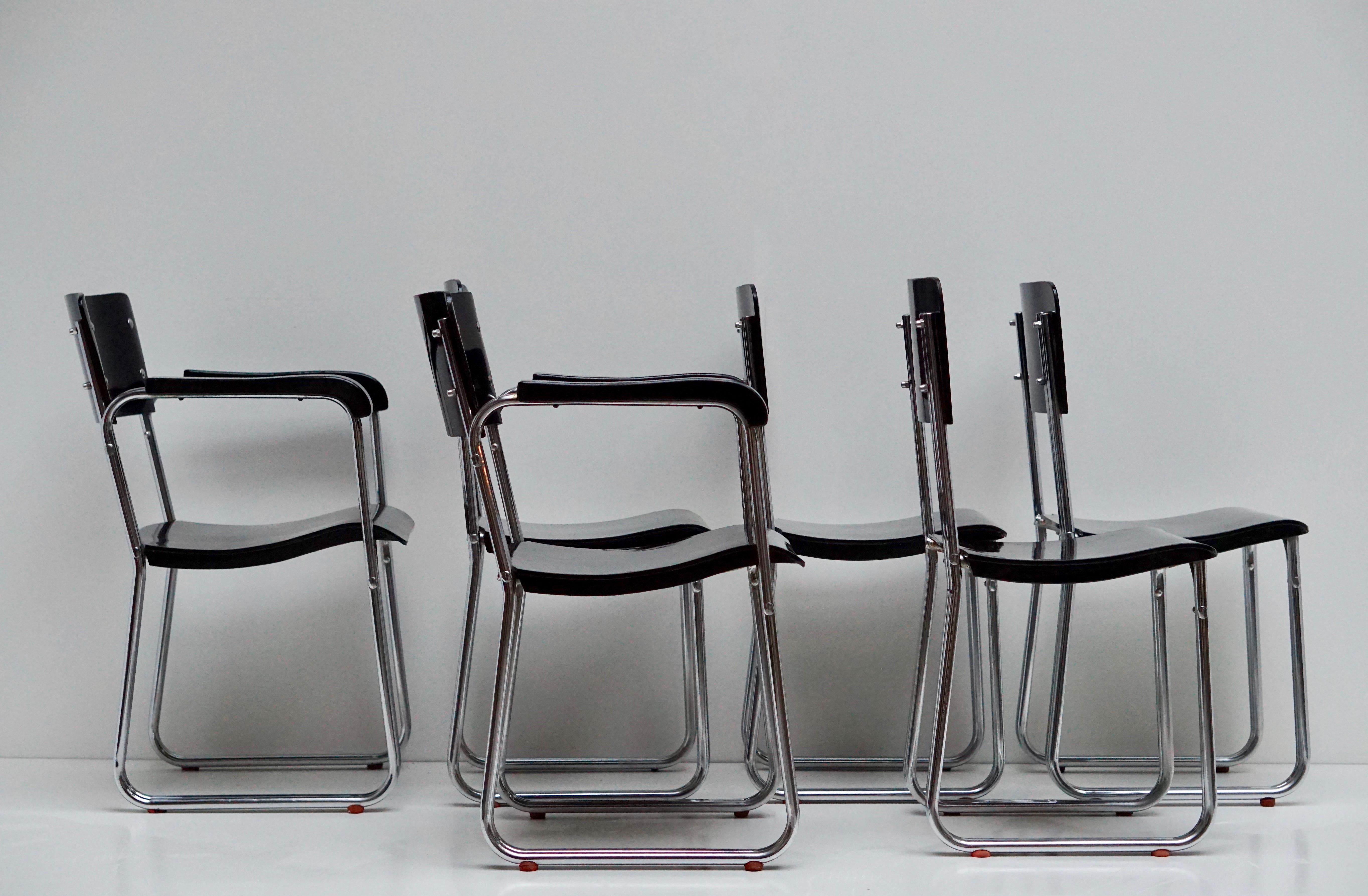 Set of Six Chic Ebonized Modernist Chroom Bauhaus Chairs For Sale 9