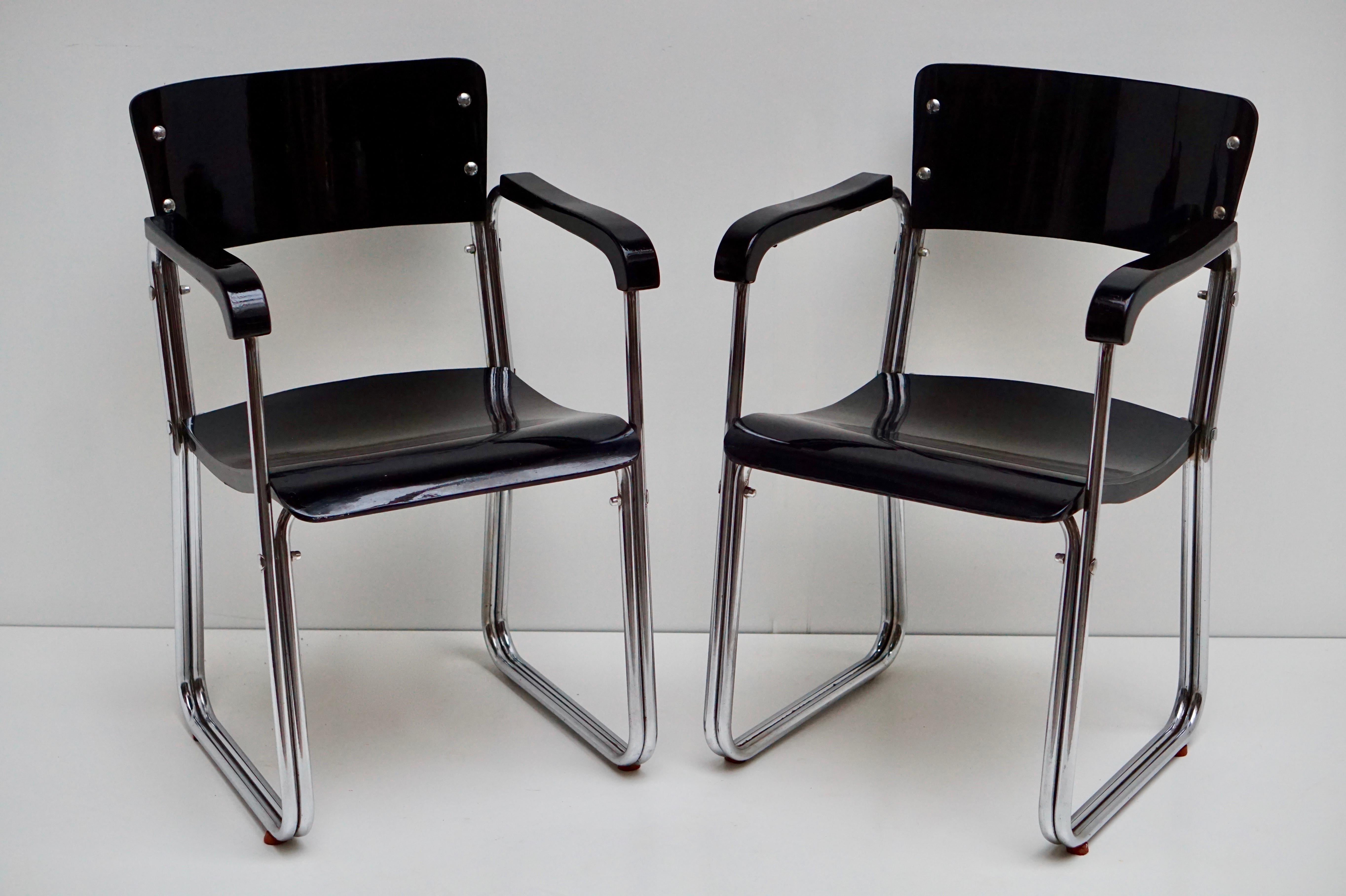 Set of Six Chic Ebonized Modernist Chroom Bauhaus Chairs For Sale 10
