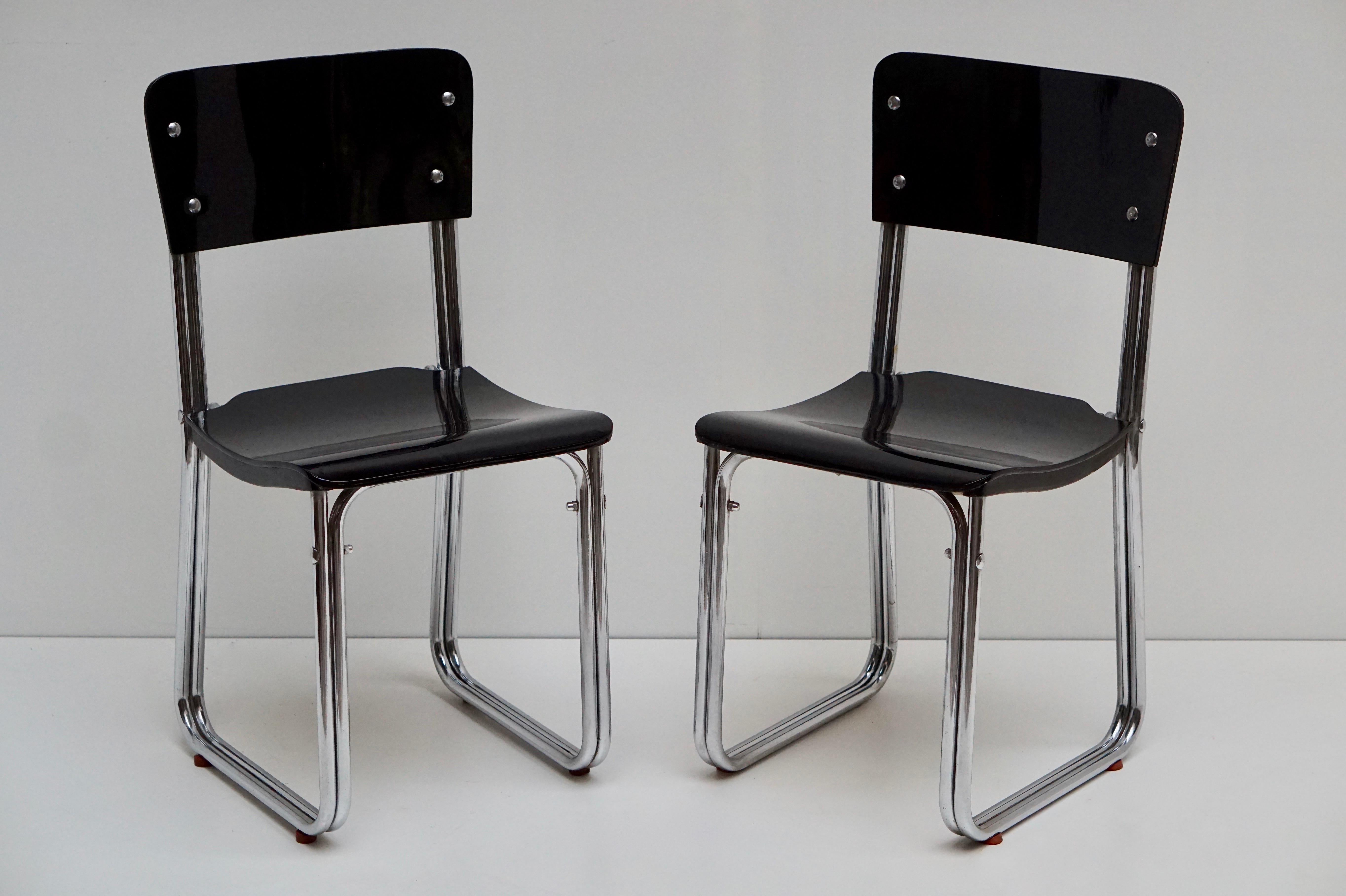Set of Six Chic Ebonized Modernist Chroom Bauhaus Chairs For Sale 12