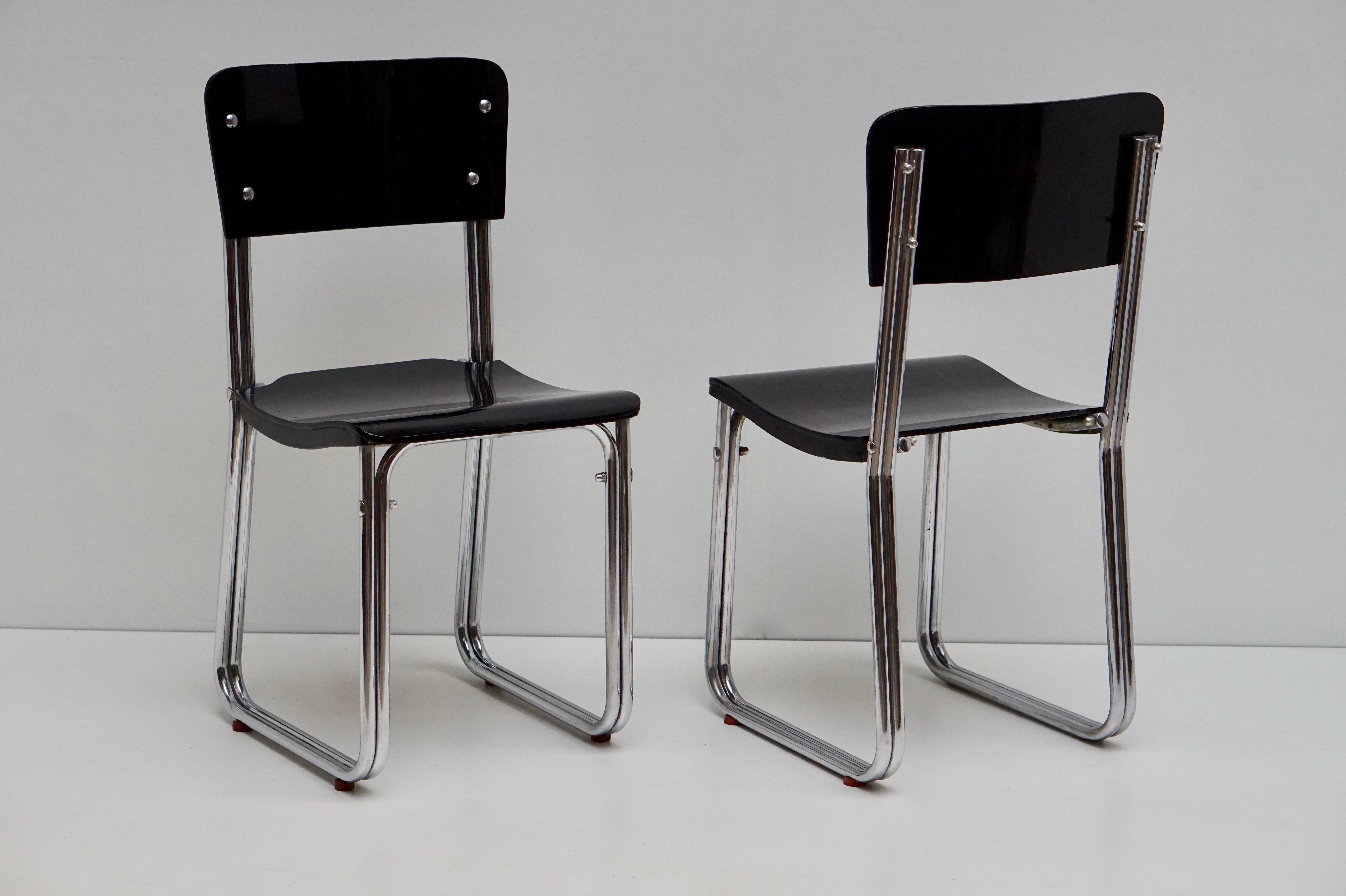Set of Six Chic Ebonized Modernist Chroom Bauhaus Chairs For Sale 13