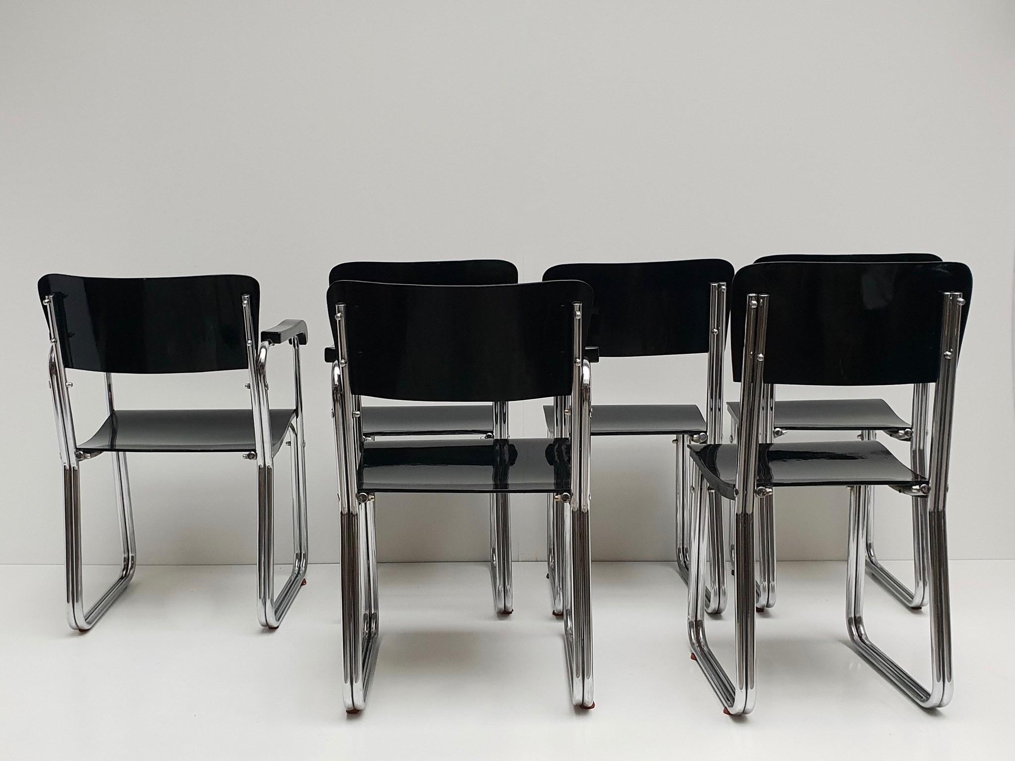 German Set of Six Chic Ebonized Modernist Chroom Bauhaus Chairs For Sale
