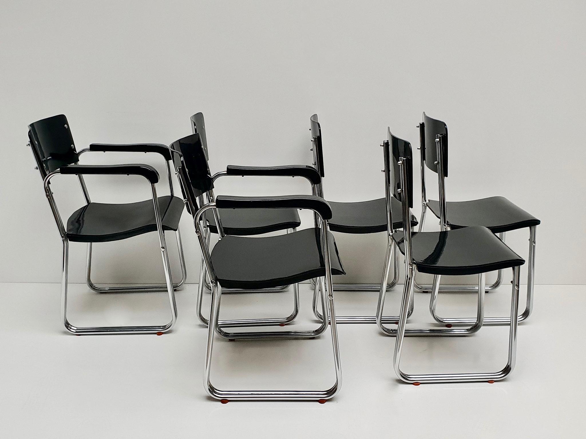 Set of Six Chic Ebonized Modernist Chroom Bauhaus Chairs In Good Condition For Sale In Antwerp, BE