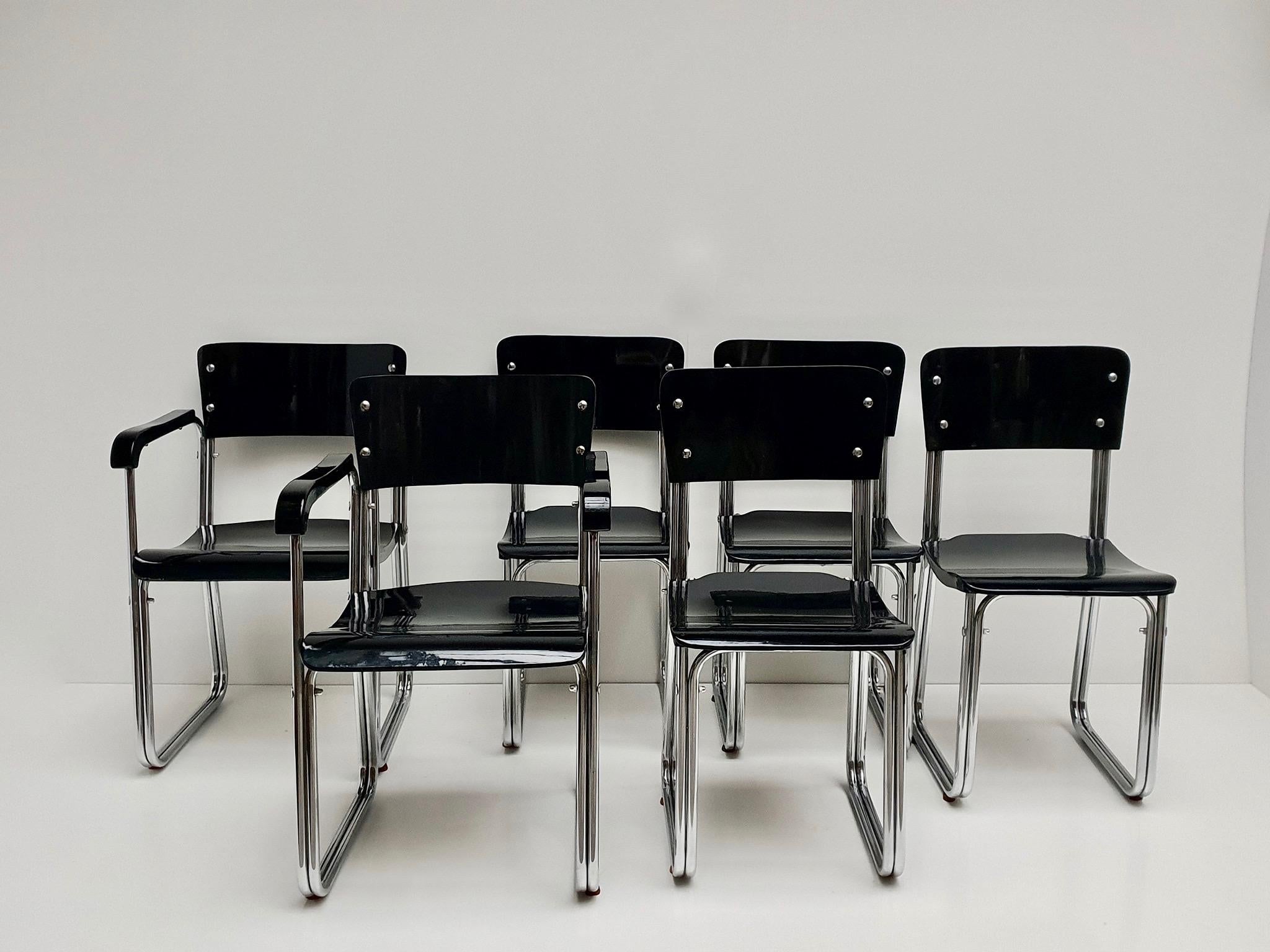 20th Century Set of Six Chic Ebonized Modernist Chroom Bauhaus Chairs For Sale