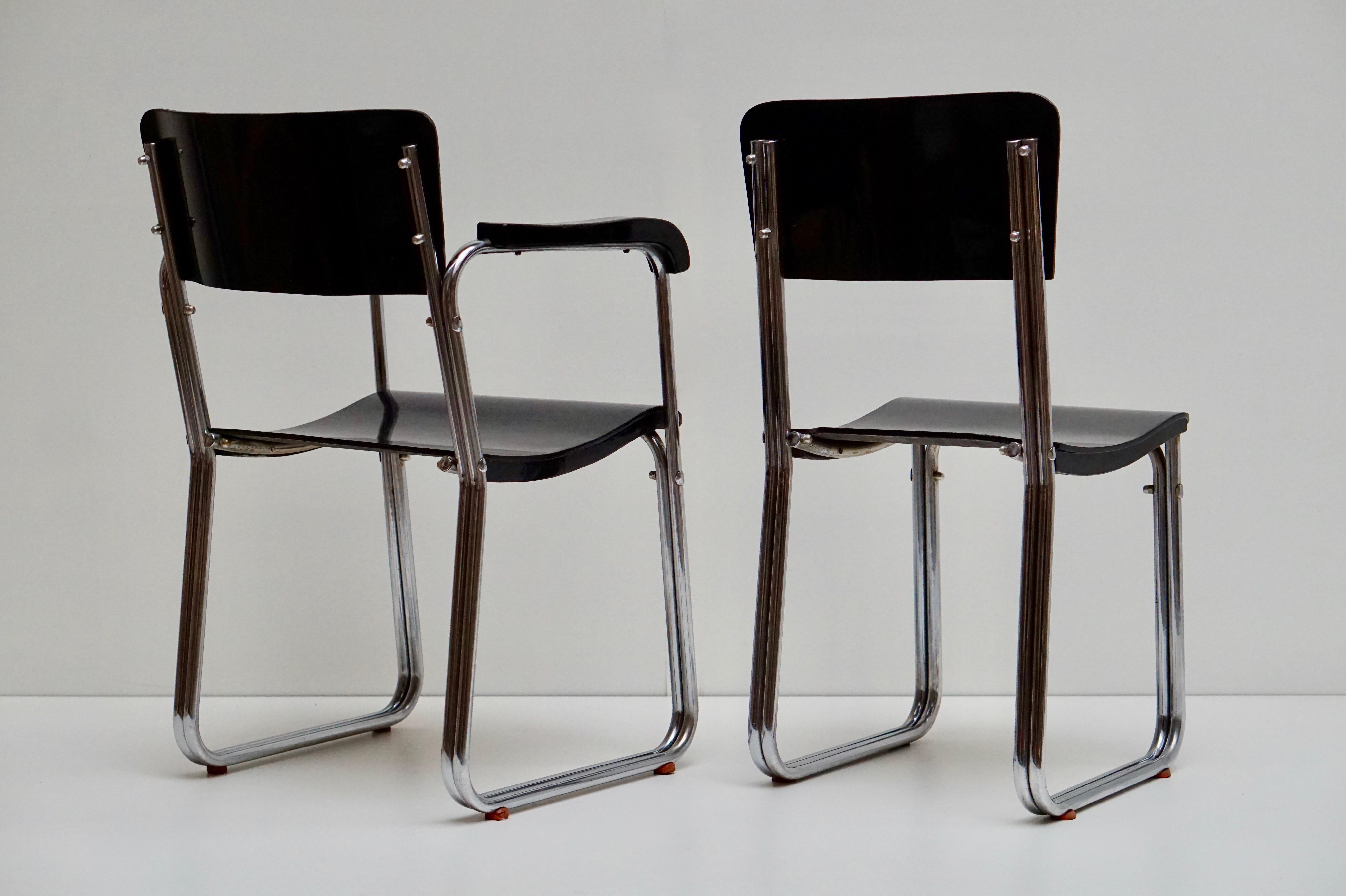 Metal Set of Six Chic Ebonized Modernist Chroom Bauhaus Chairs For Sale