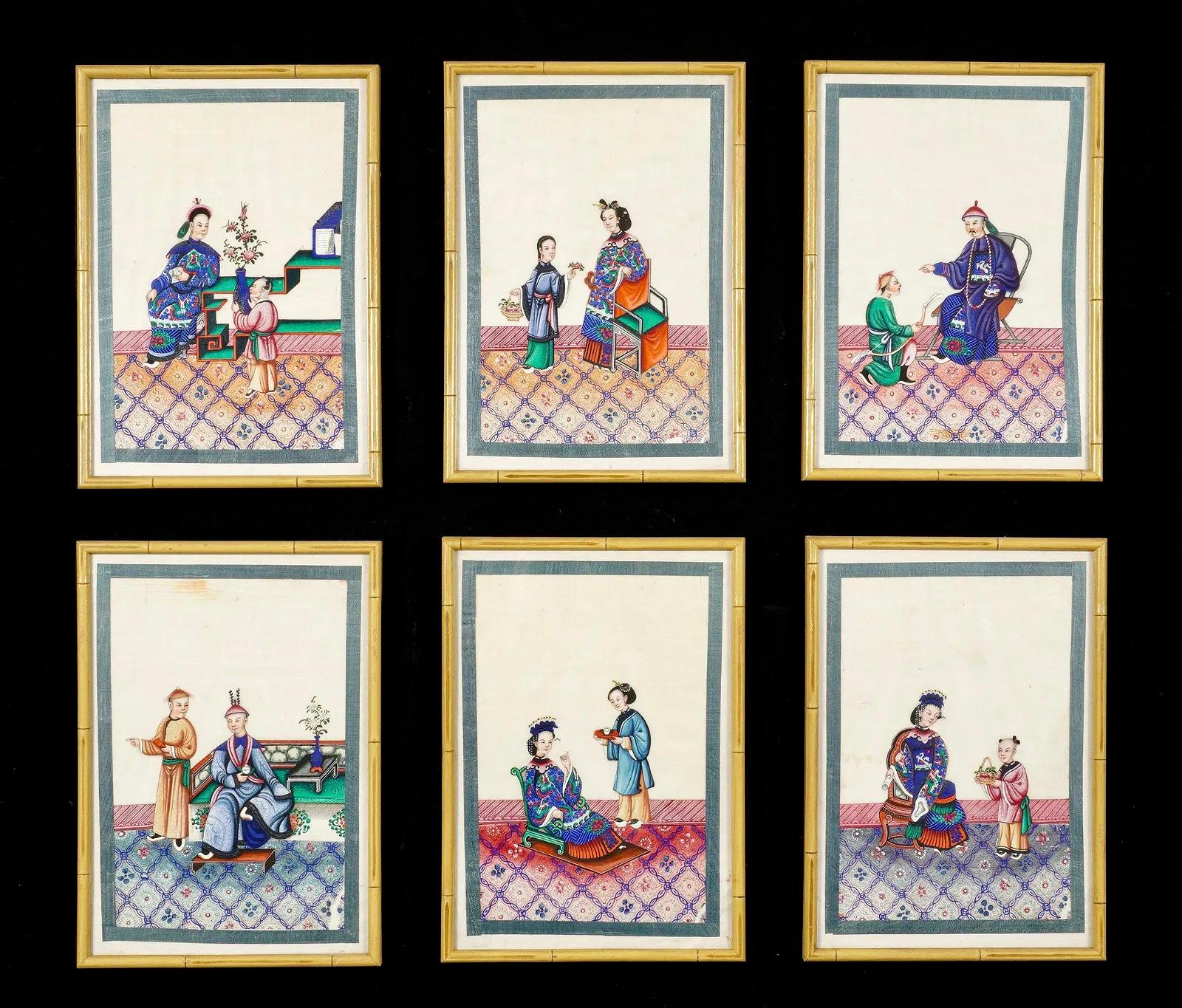 Ensemble de six aquarelles chinoises de Canton sur papier de riz représentant des rois en vente 3
