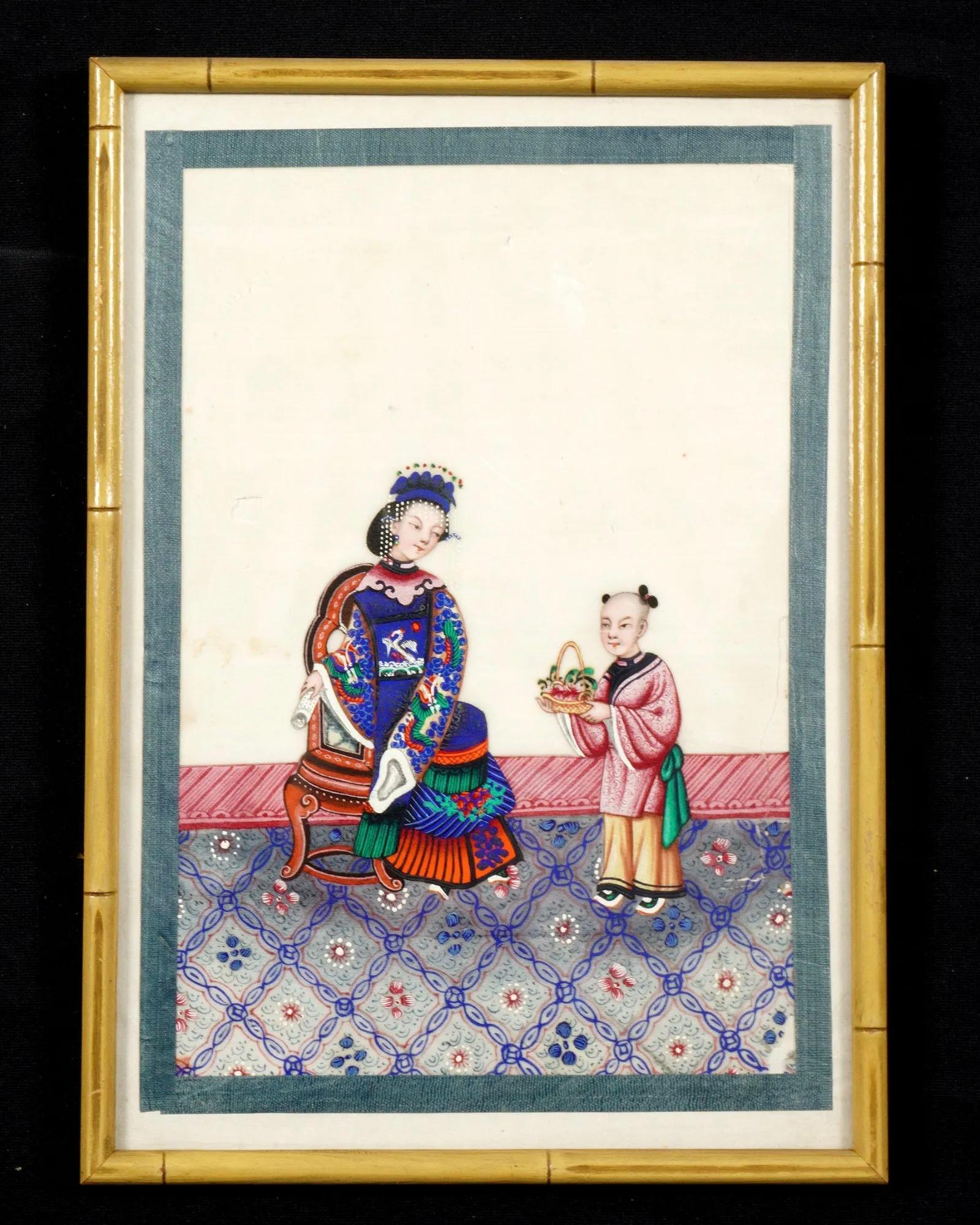 Exportation chinoise Ensemble de six aquarelles chinoises de Canton sur papier de riz représentant des rois en vente