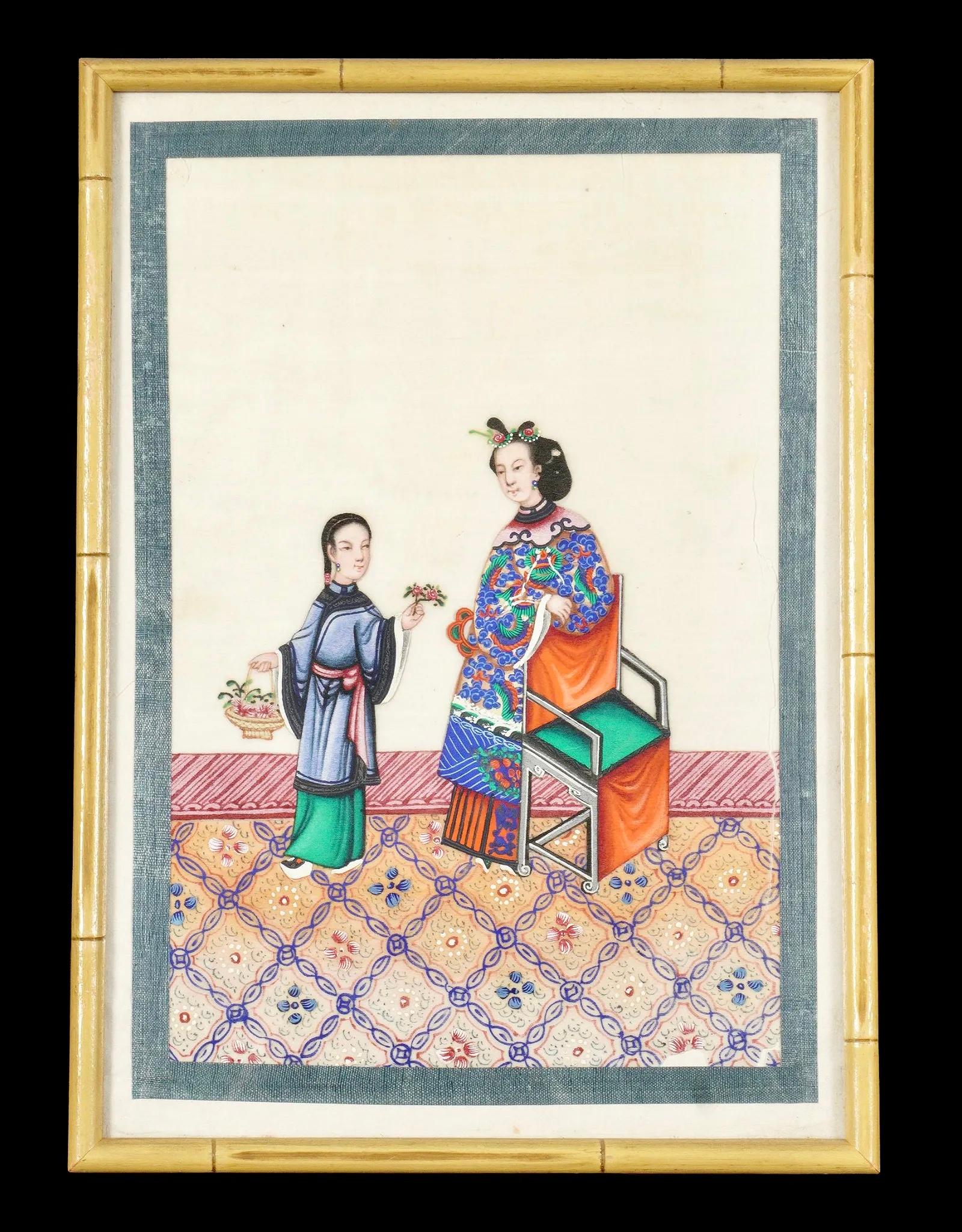 Papier Ensemble de six aquarelles chinoises de Canton sur papier de riz représentant des rois en vente