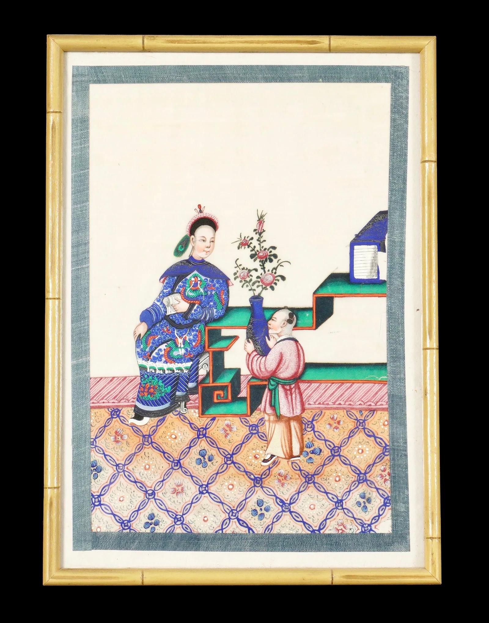 Ensemble de six aquarelles chinoises de Canton sur papier de riz représentant des rois en vente 1