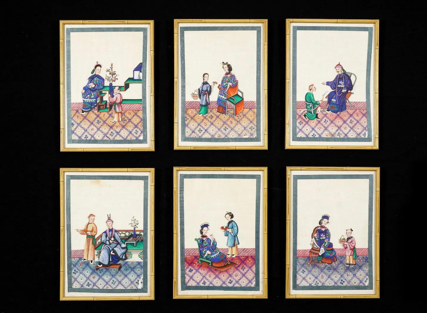 Ensemble de six aquarelles chinoises de Canton sur papier de riz représentant des rois en vente 2