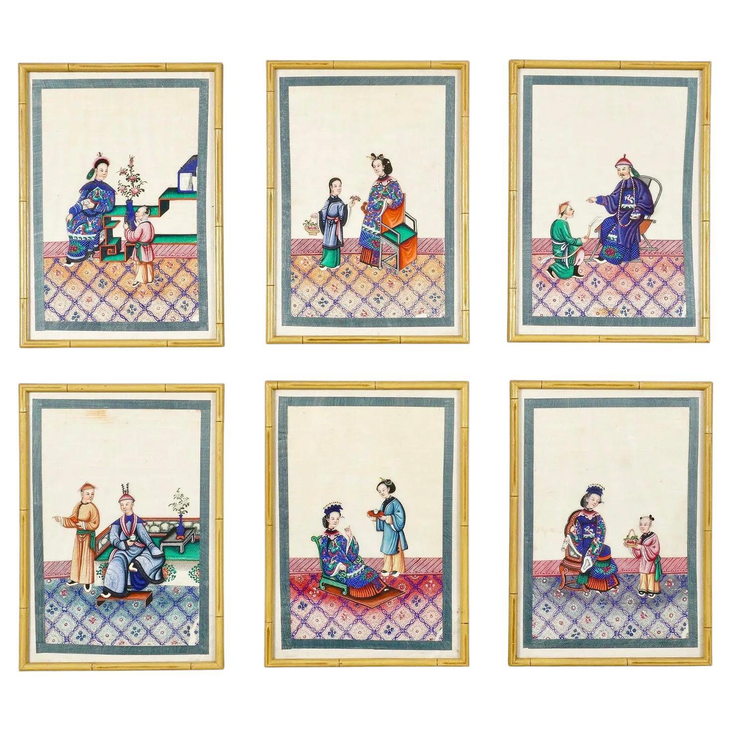 Set of Six Chinese Canton Watercolors on Pith Paper Depicting Royals