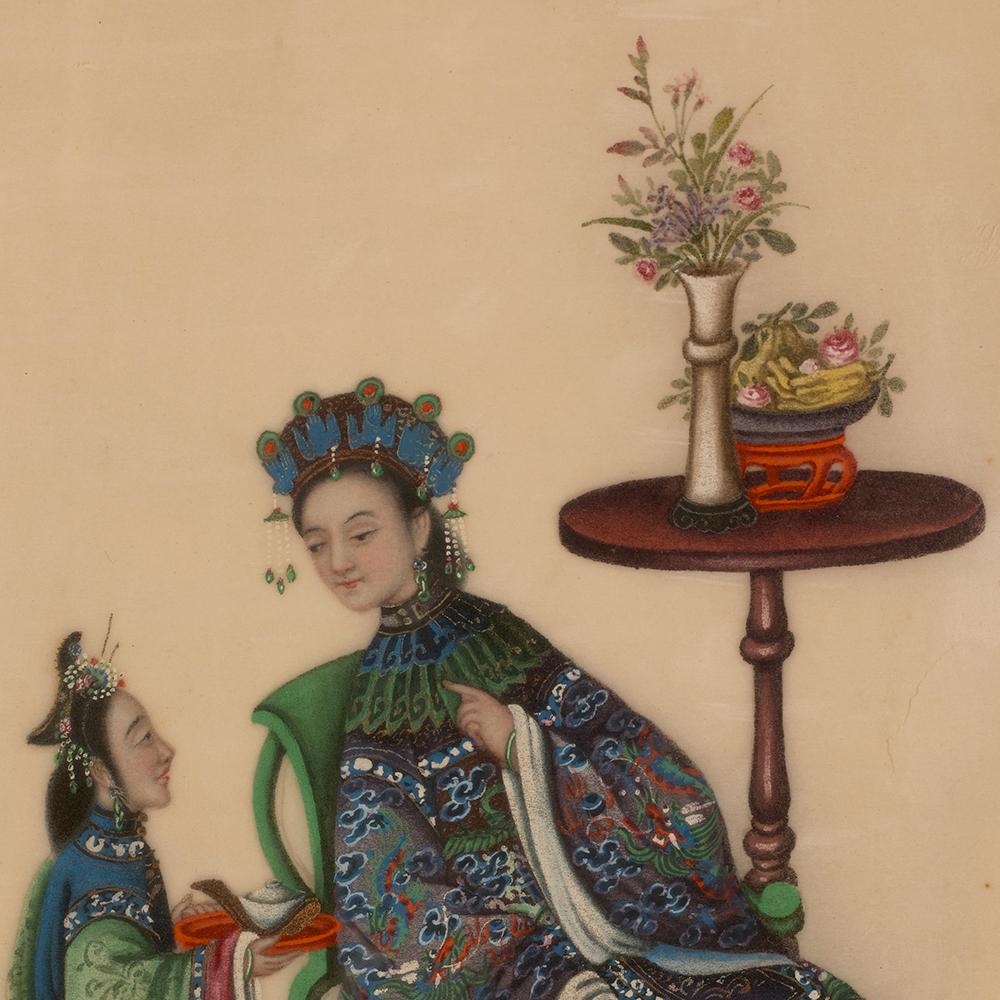 Ensemble de six aquarelles chinoises de Canton sur papier de riz représentant des scènes intérieures en vente 2