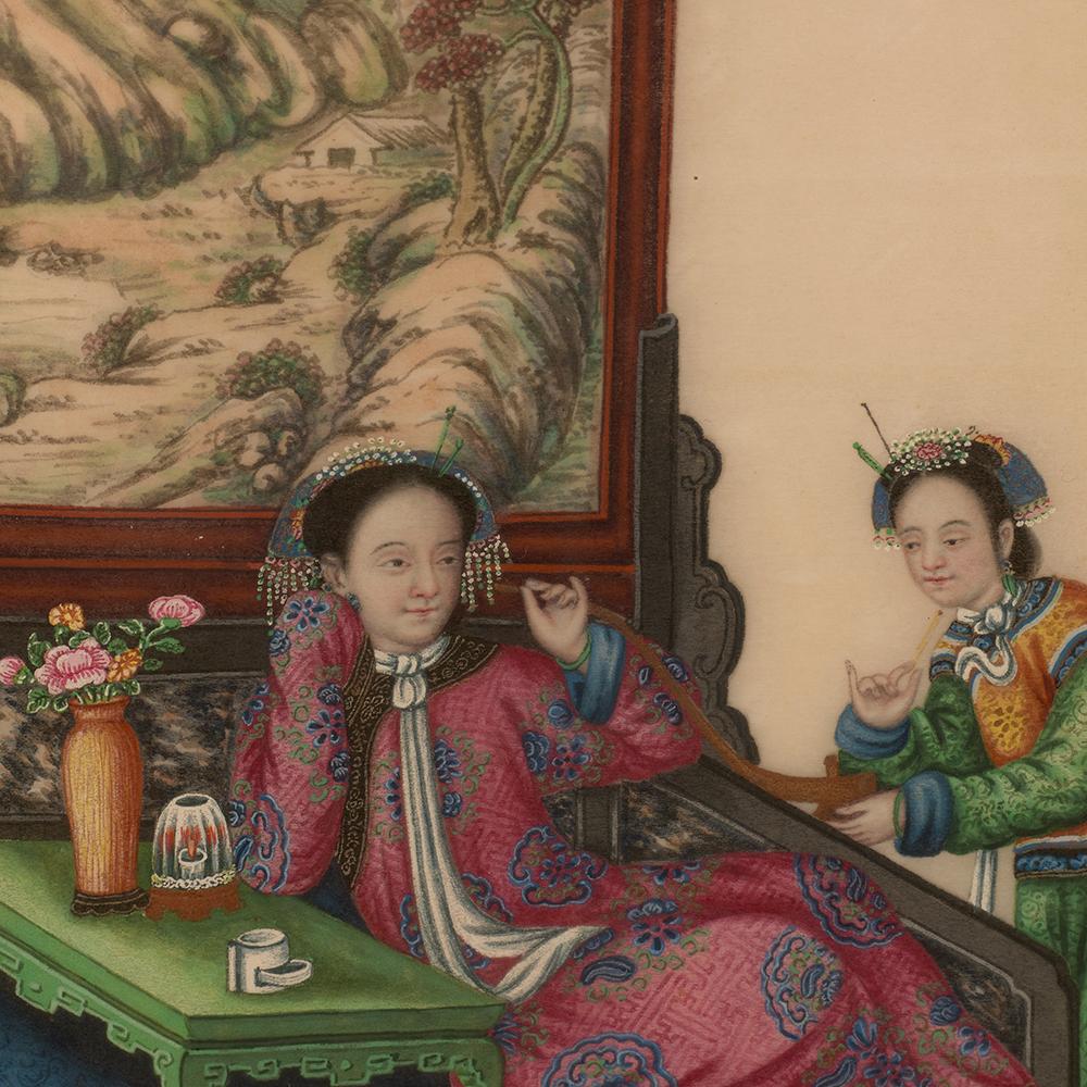 Ensemble de six aquarelles chinoises de Canton sur papier de riz représentant des scènes intérieures en vente 5