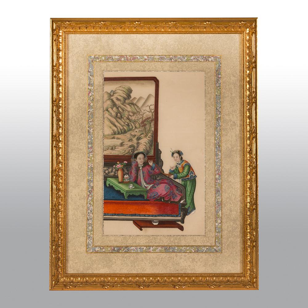 Many export paintings were known for their skillful treatment of subject and brilliancy of color; These paintings are no exception. These types of export paintings were highly regarded Chinese mementos of life in Canton during the 19th century and