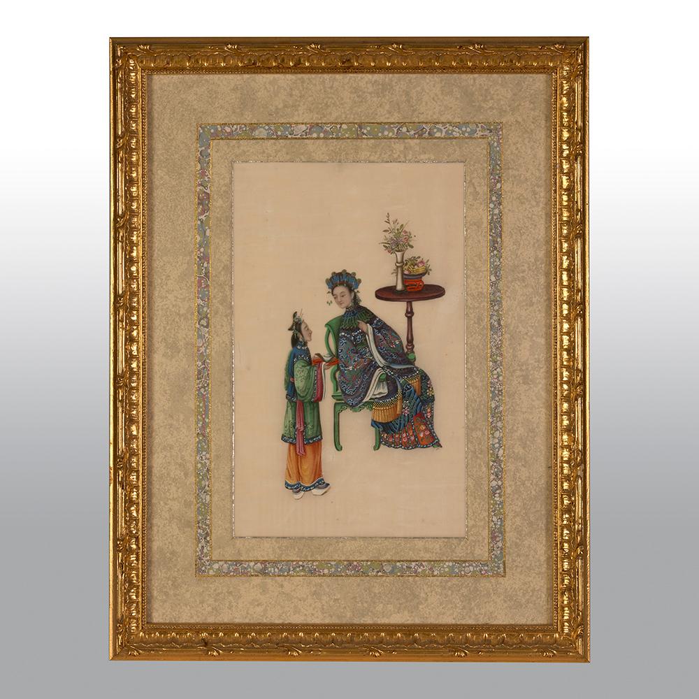 Peint à la main Ensemble de six aquarelles chinoises de Canton sur papier de riz représentant des scènes intérieures en vente