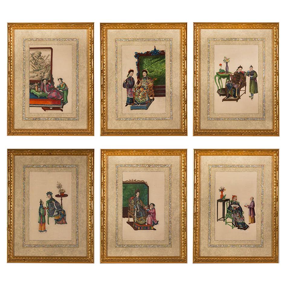 Set of Six Chinese Canton Watercolours on Pith Paper Depicting Interior Scenes