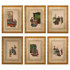 Antique Set of Six Chinese Canton Watercolours on Pith Paper Depicting Interior Scenes