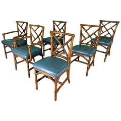 Vintage Set of Six Chinese Chippendale Bamboo Dining Chairs