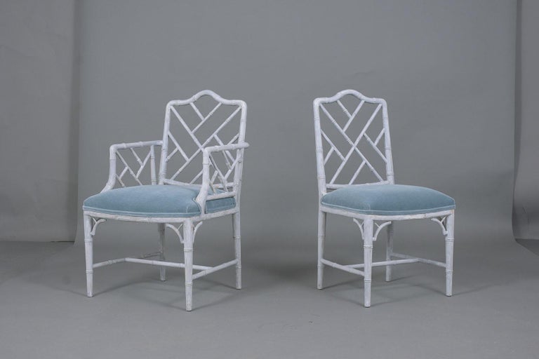 Fabric Set of Six Chinese Chippendale Dining Chairs For Sale