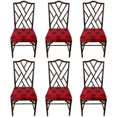 Set of Six Chinese Chippendale Rosewood Faux Bamboo Dining Chairs