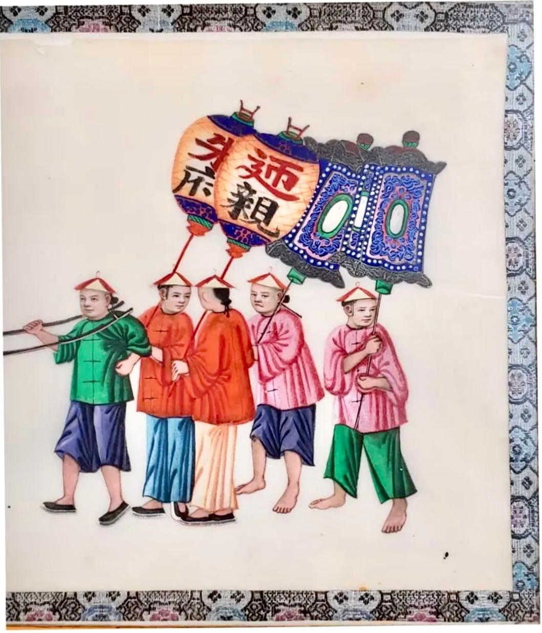 Ensemble de six peintures d'exportation chinoise sur papier de riz Bon état - En vente à Bradenton, FL