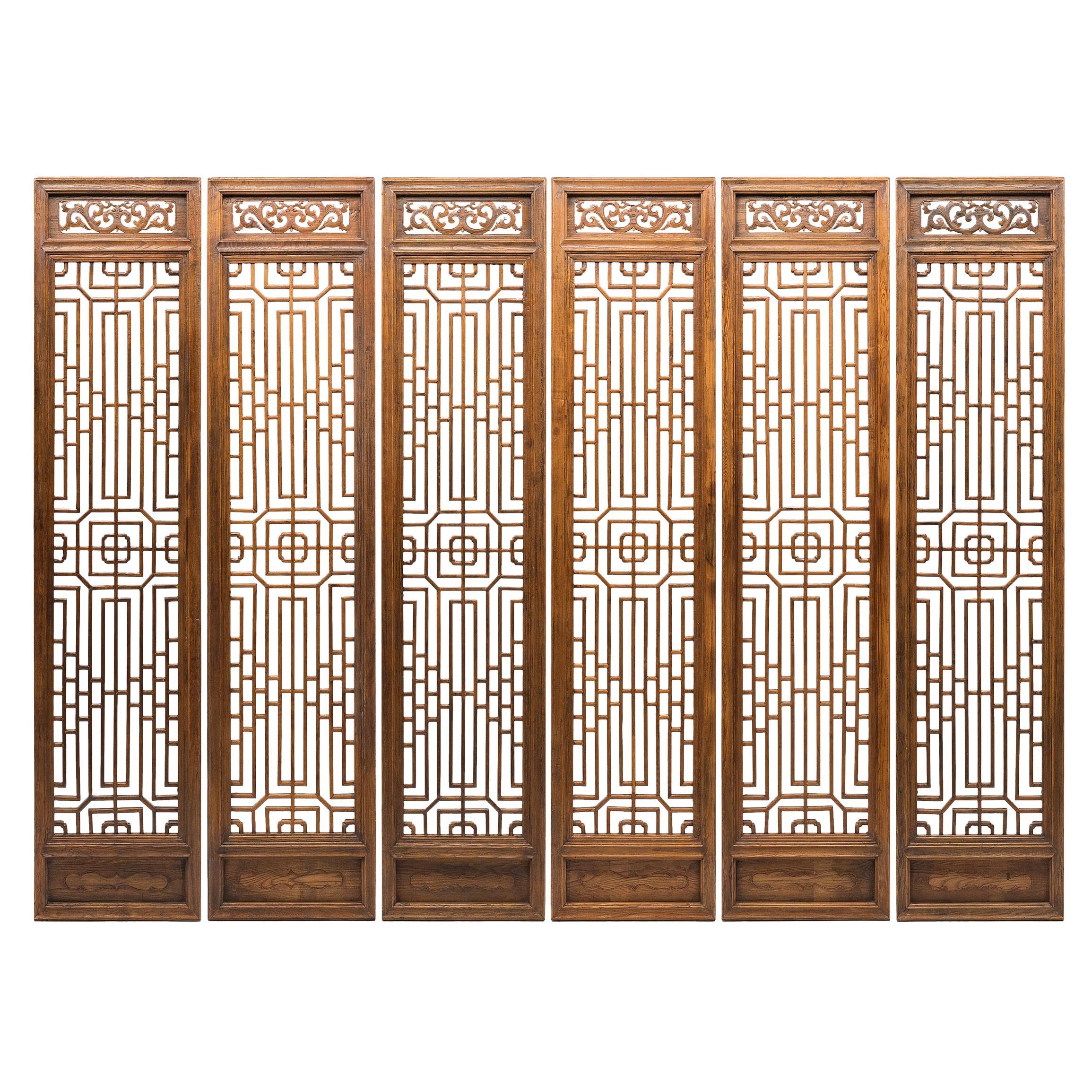 Set of Six Chinese Geometric Lattice Door Panels, c. 1850