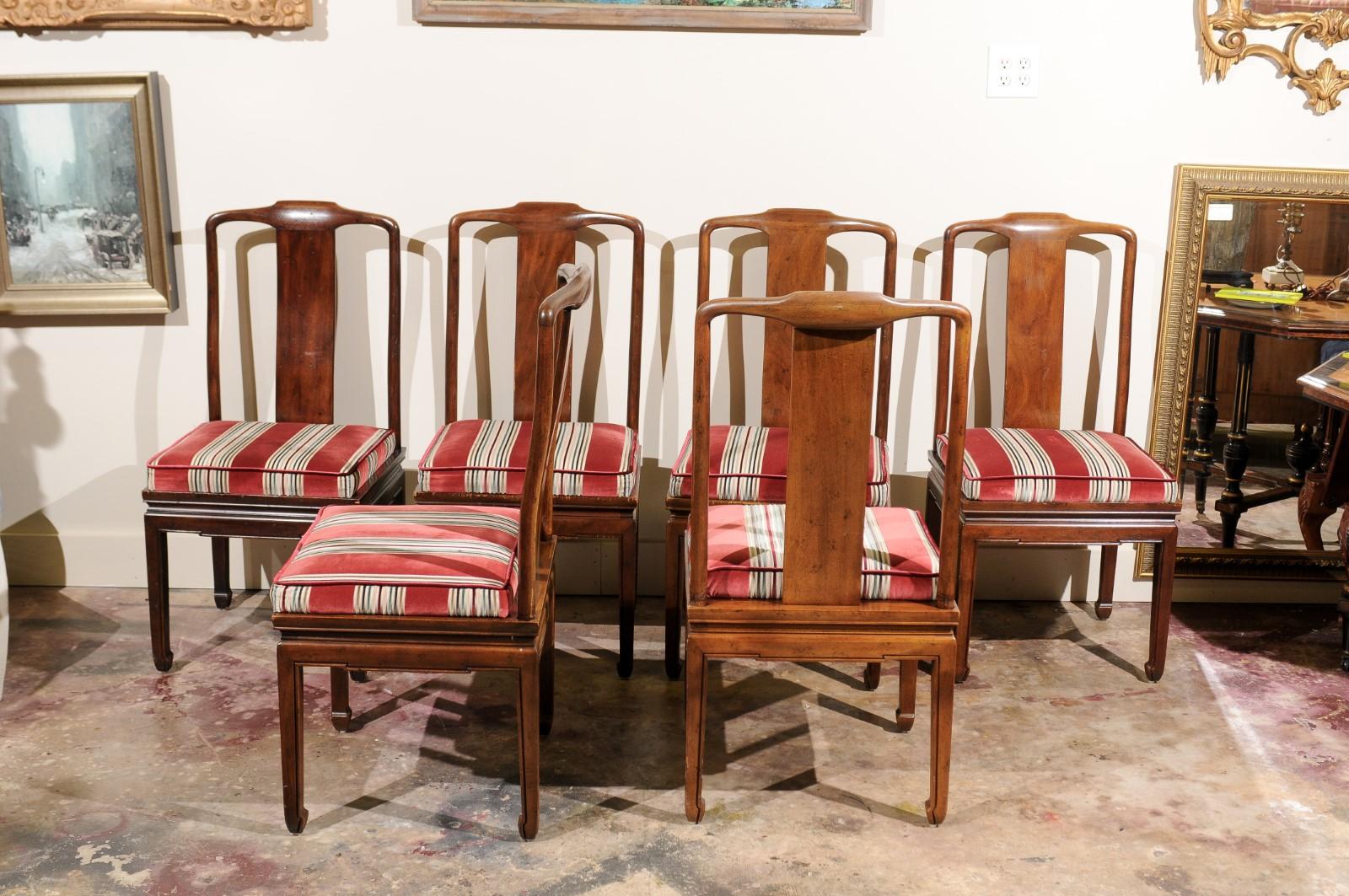 The set of six vintage Chinese high back chairs, believed to be Henredon, are very sturdy, heavy and in excellent condition.
Beautiful wood frame with fabric seats attached.