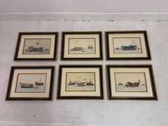 Set Of Six Chinese Rice Paper Paintings Of Boats