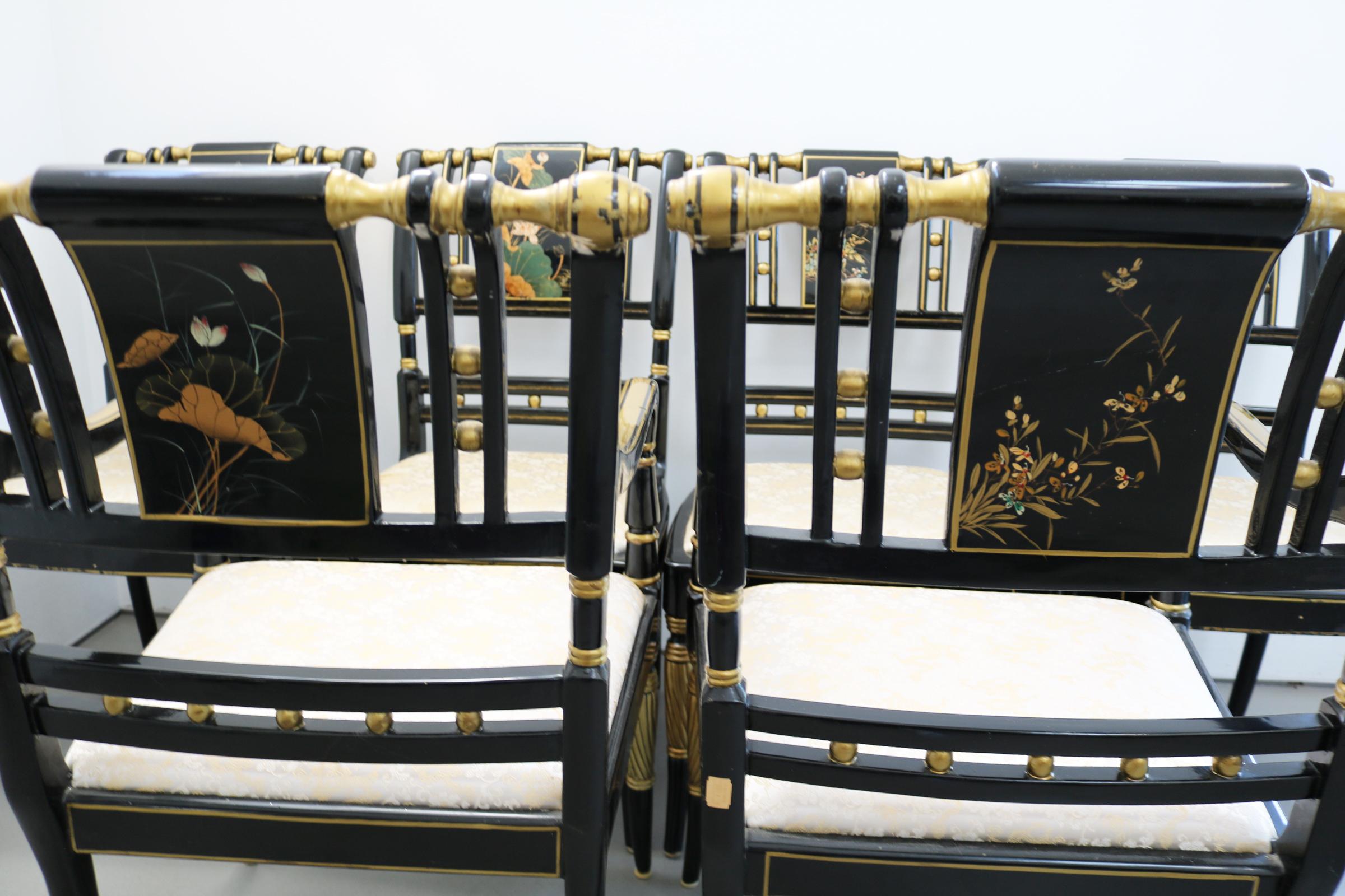 Ensemble de six chaises chinoises peintes à la main avec du vernis à poncer en vente 4