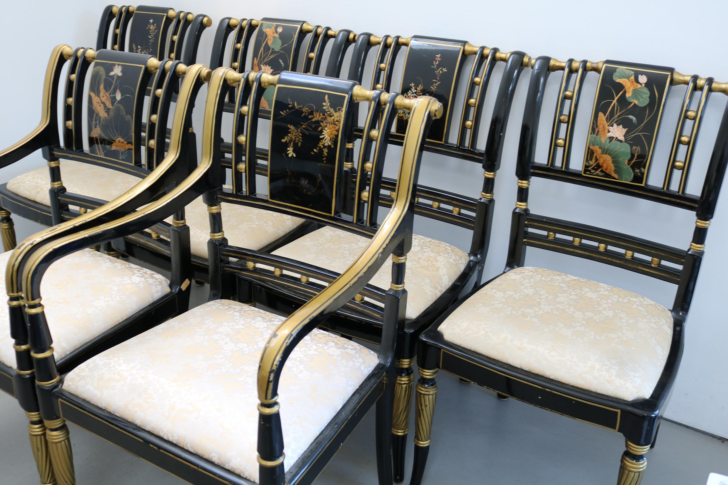 Exportation chinoise Ensemble de six chaises chinoises peintes à la main avec du vernis à poncer en vente