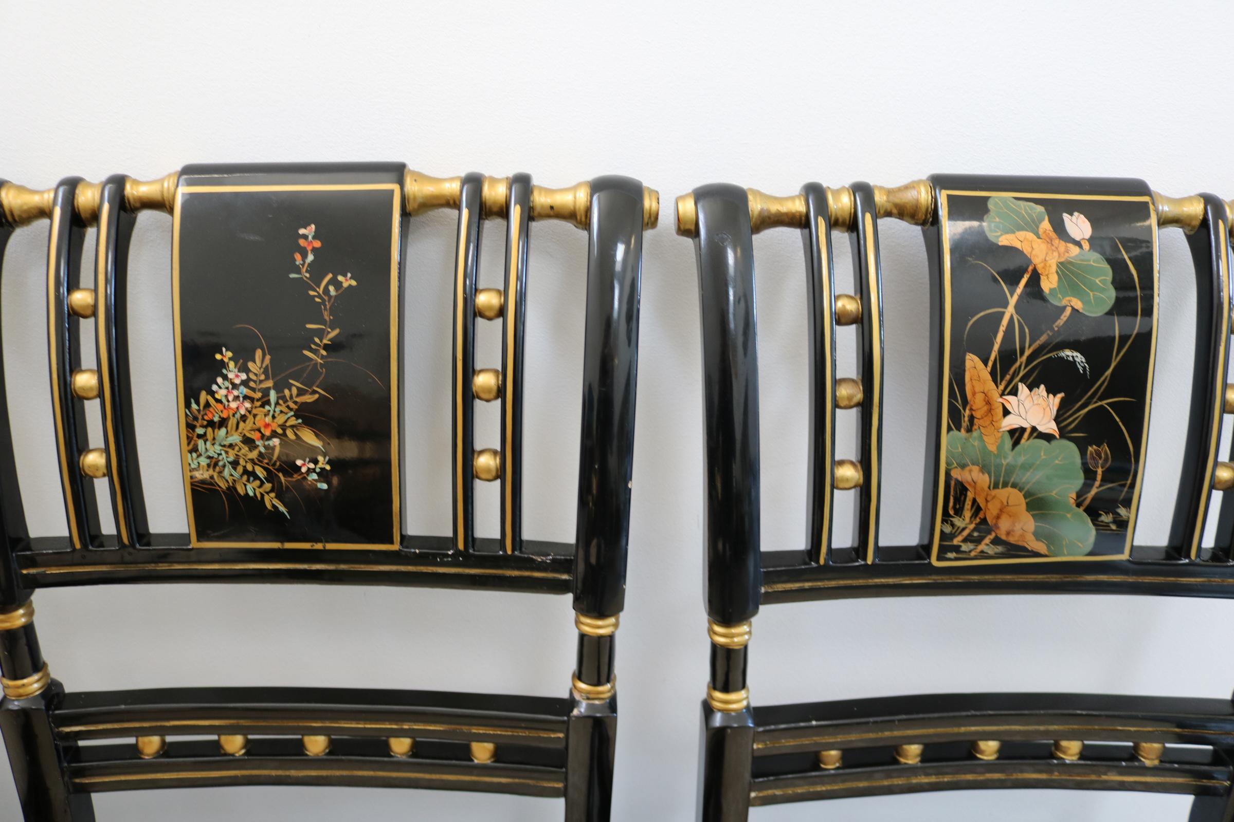 Milieu du XXe siècle Ensemble de six chaises chinoises peintes à la main avec du vernis à poncer en vente