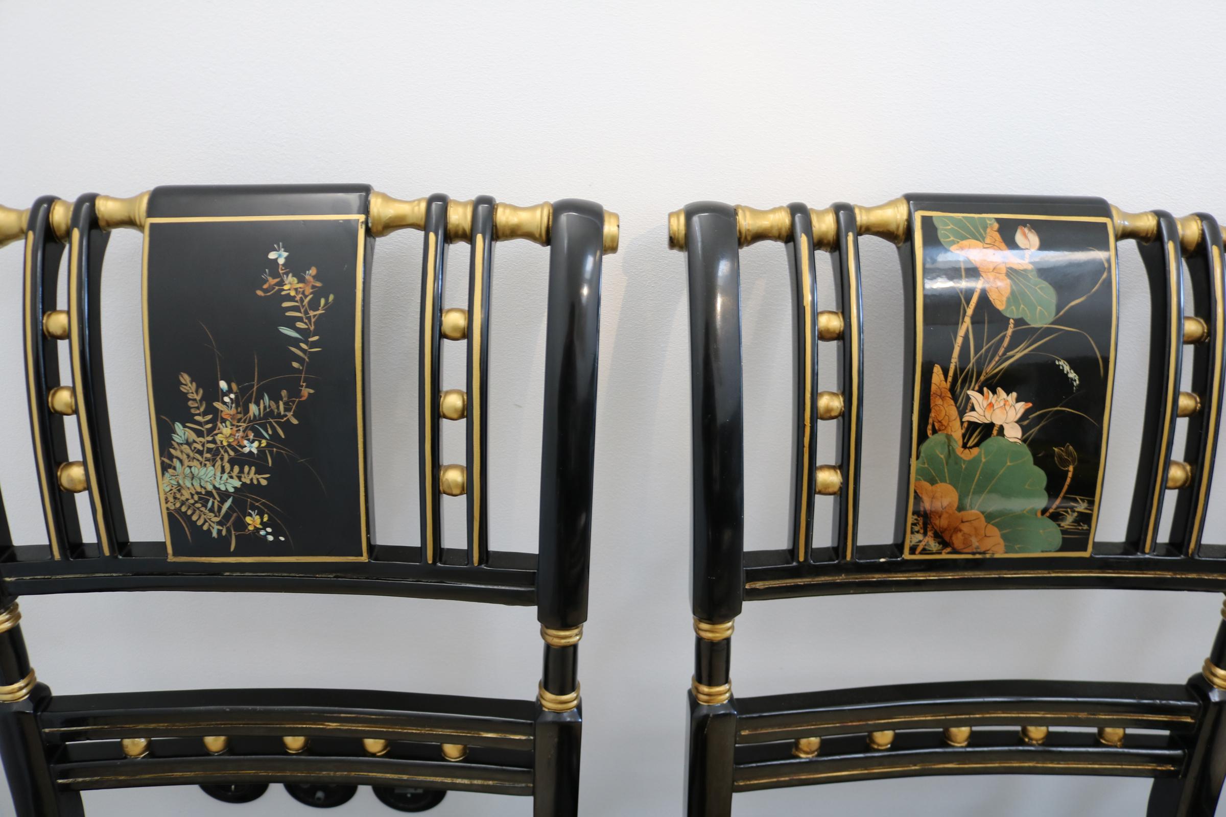 Silk Set of Six Chinese Sanding Varnish Hand-Painted Chairs For Sale