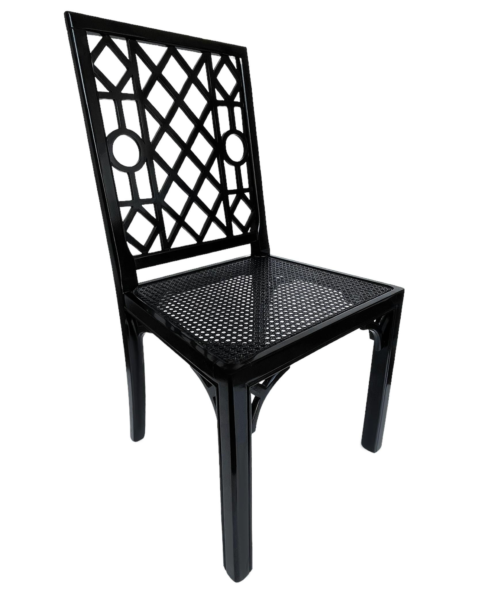 Set of Six Hollywood Regency Chinoiserie Chippendale Dining Chairs in Black For Sale 6